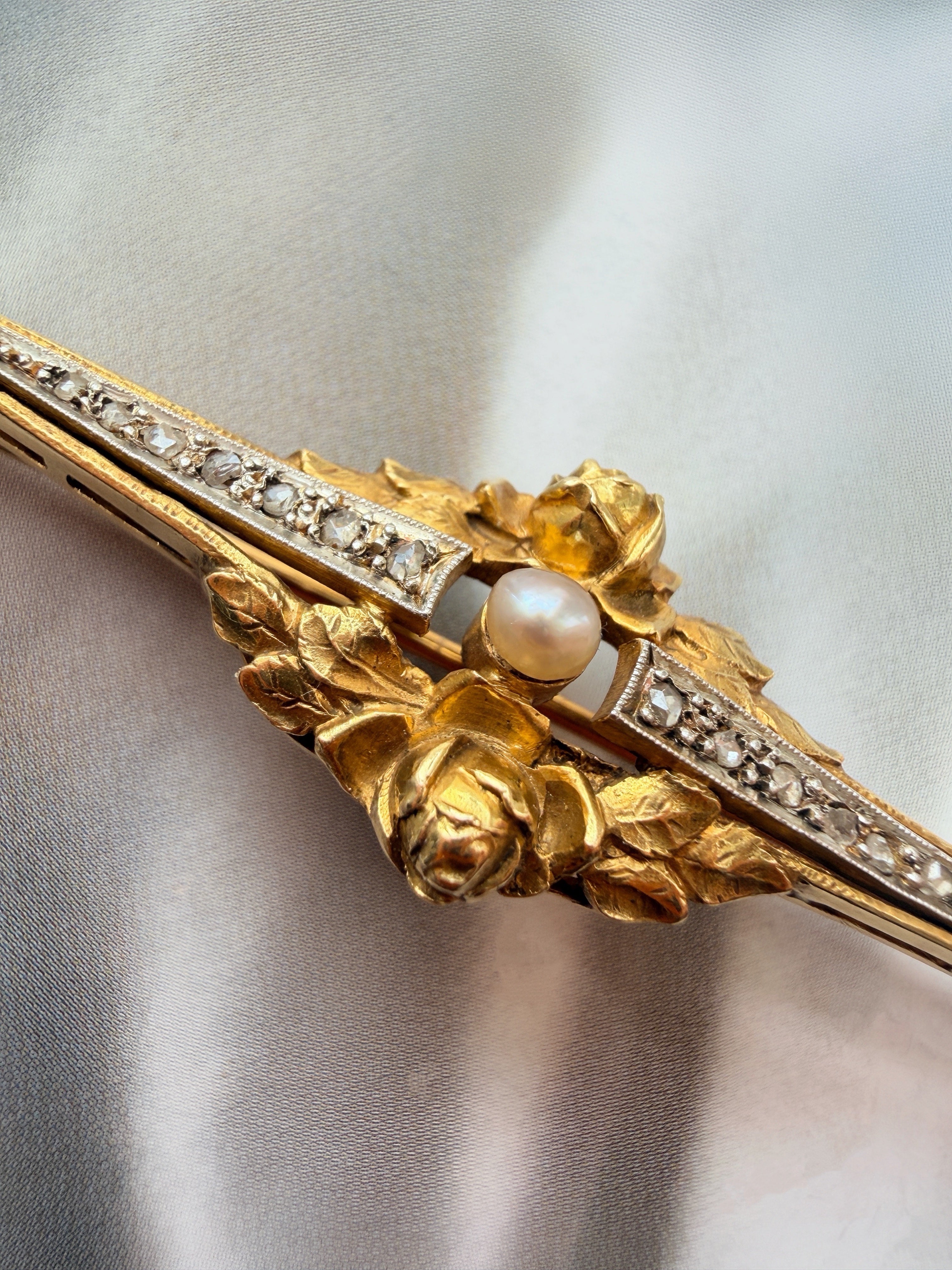 Art Nouveau French 18K Gold Pearl & Diamond rose flower Brooch
