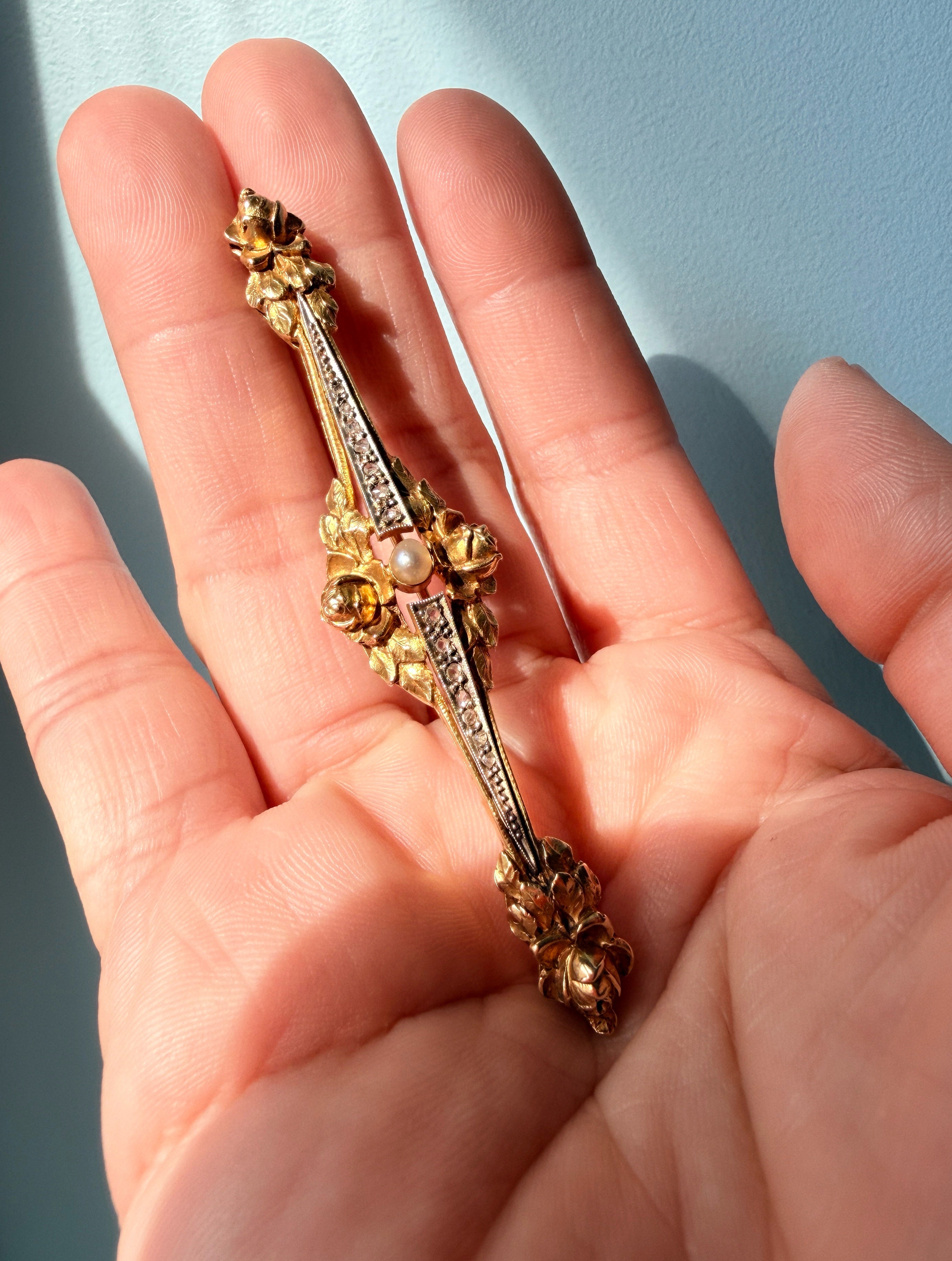 Art Nouveau French 18K Gold Pearl & Diamond rose flower Brooch
