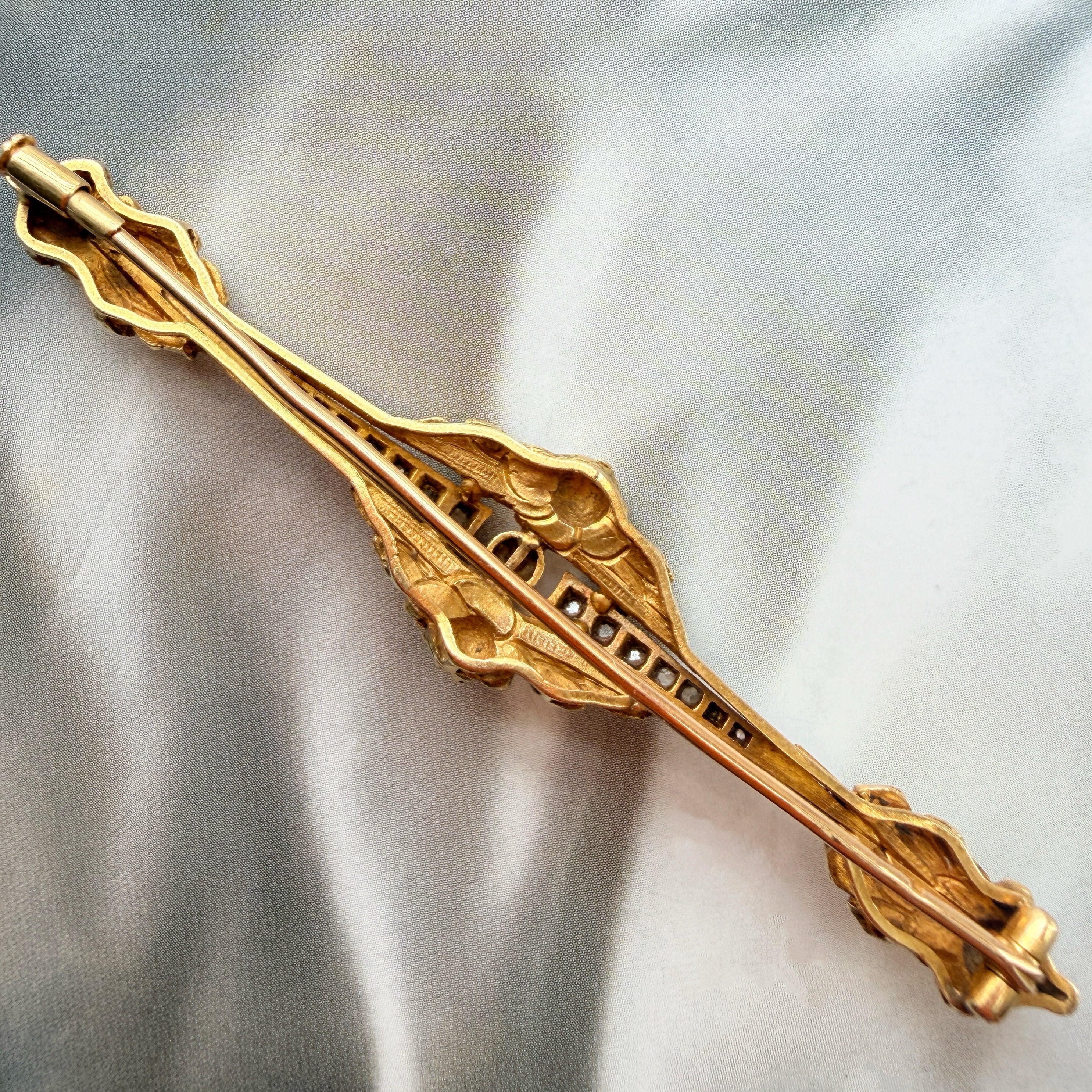 Art Nouveau French 18K Gold Pearl & Diamond rose flower Brooch