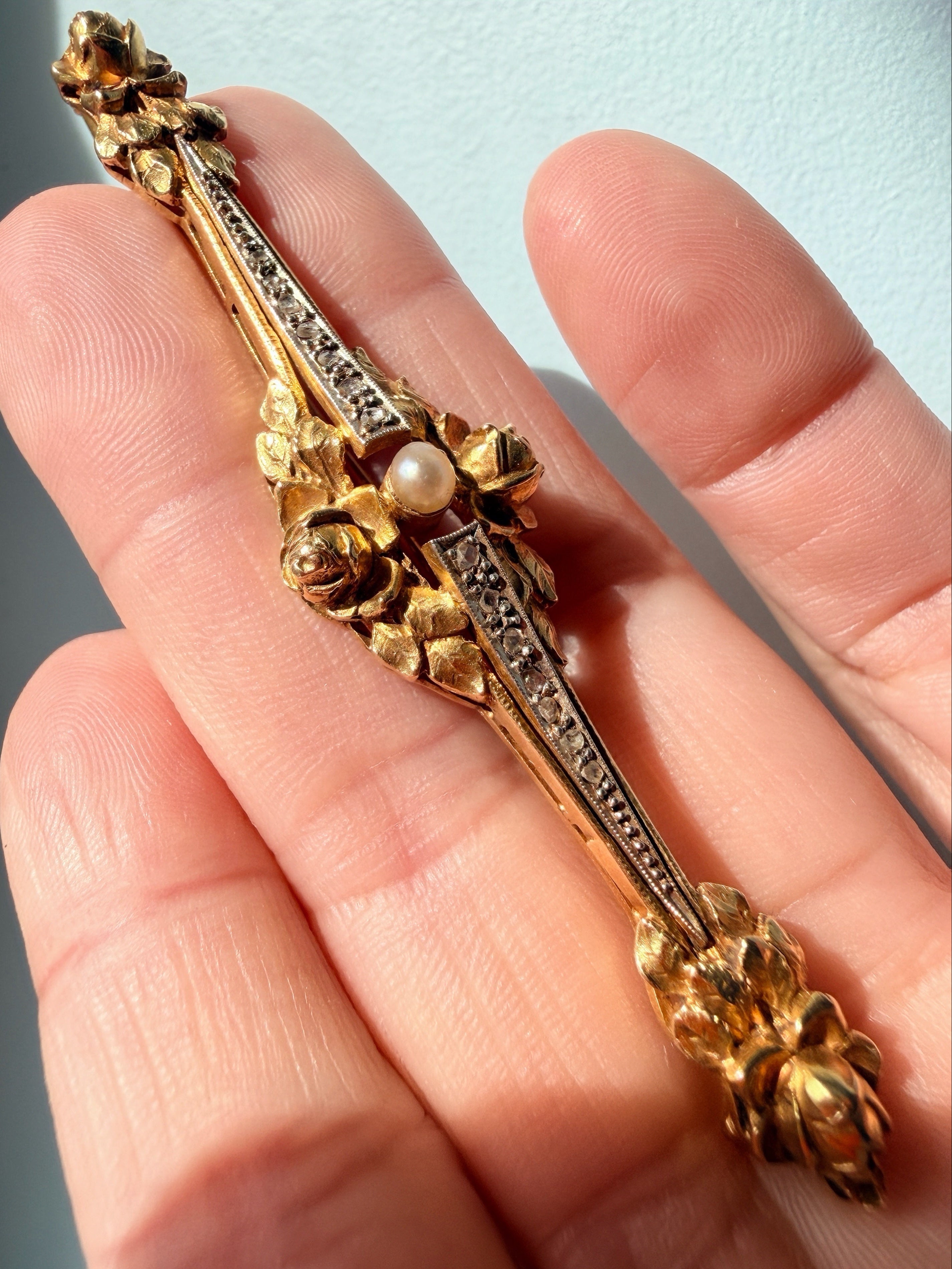 Art Nouveau French 18K Gold Pearl & Diamond rose flower Brooch