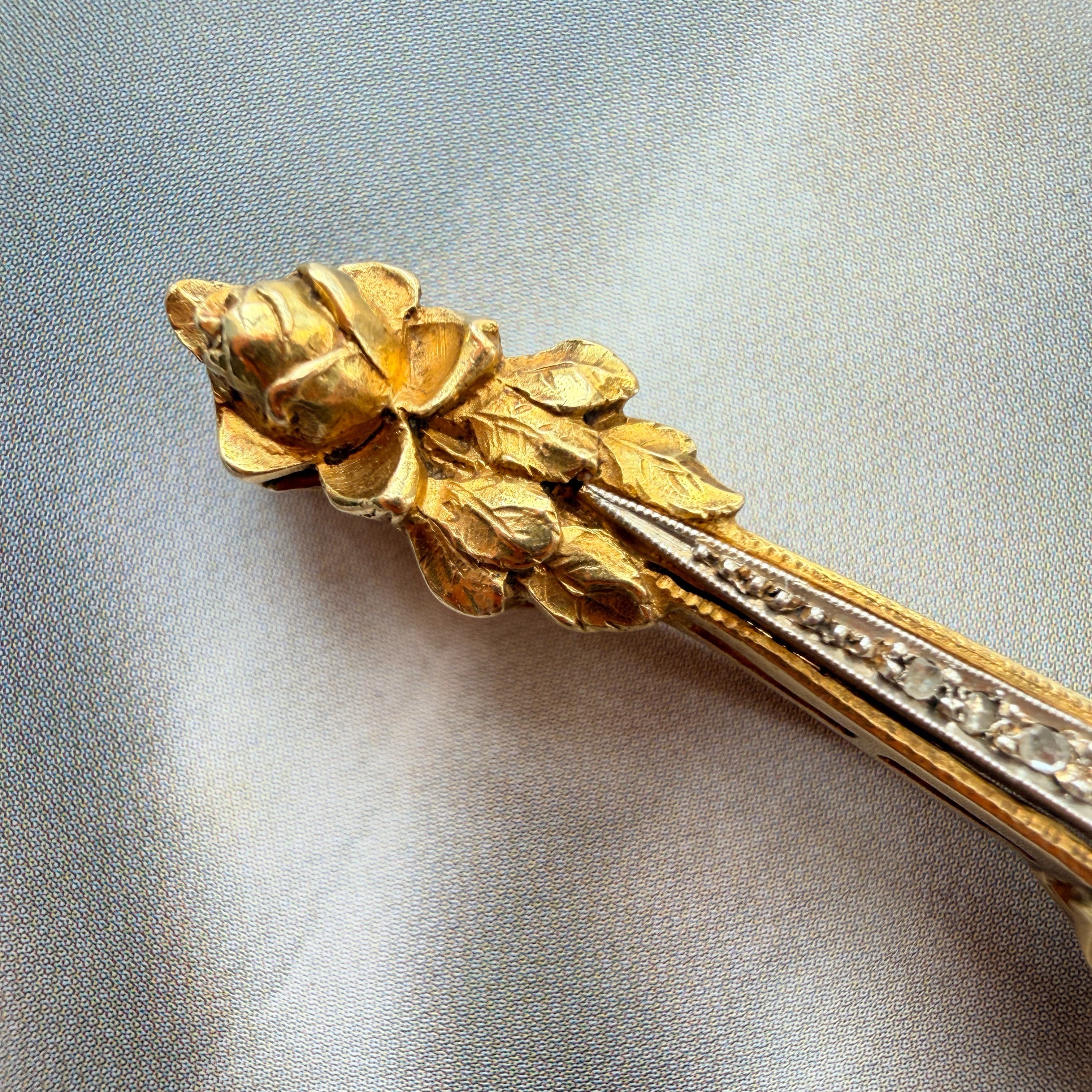 Art Nouveau French 18K Gold Pearl & Diamond rose flower Brooch