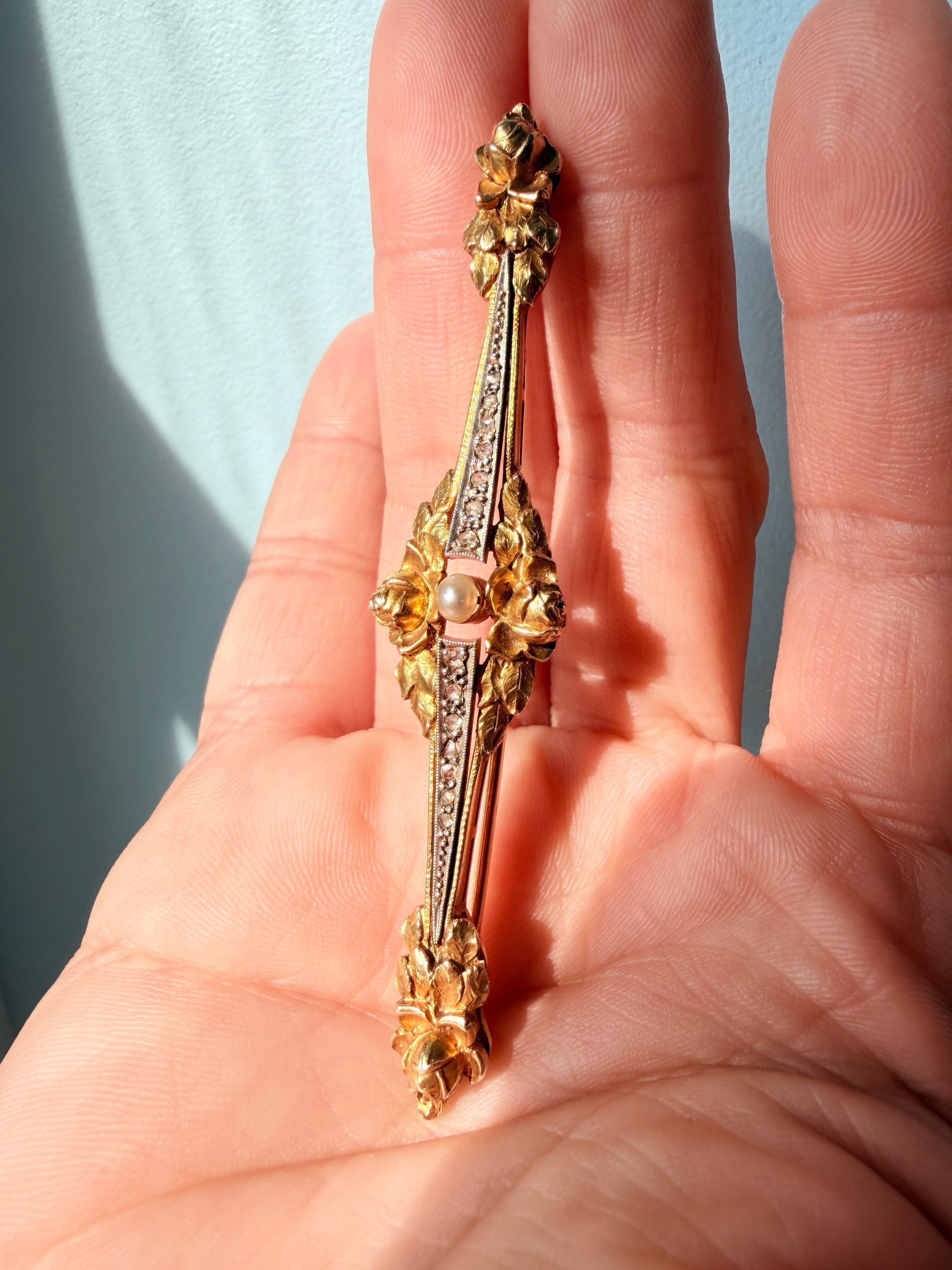 Art Nouveau French 18K Gold Pearl & Diamond rose flower Brooch