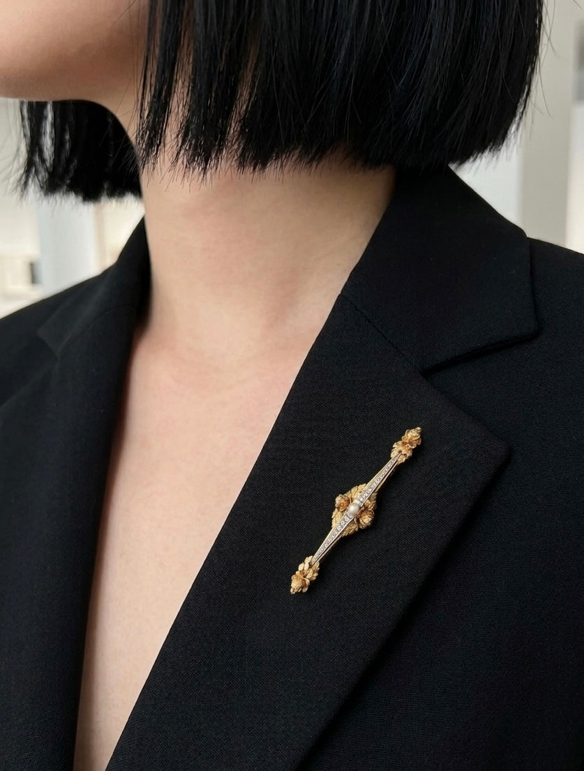 Art Nouveau French 18K Gold Pearl & Diamond rose flower Brooch