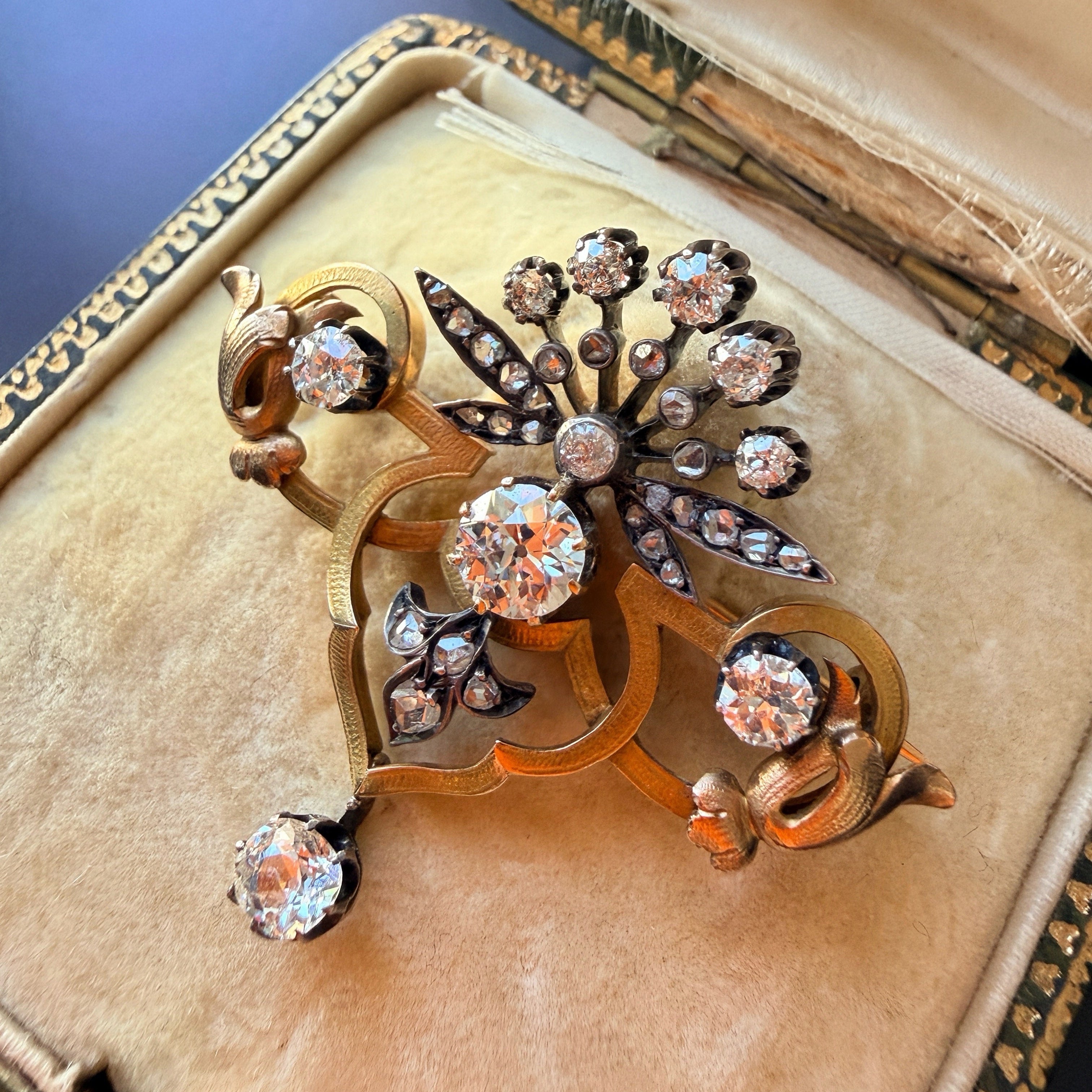 Antique French 18K gold Diamond Flower Brooch