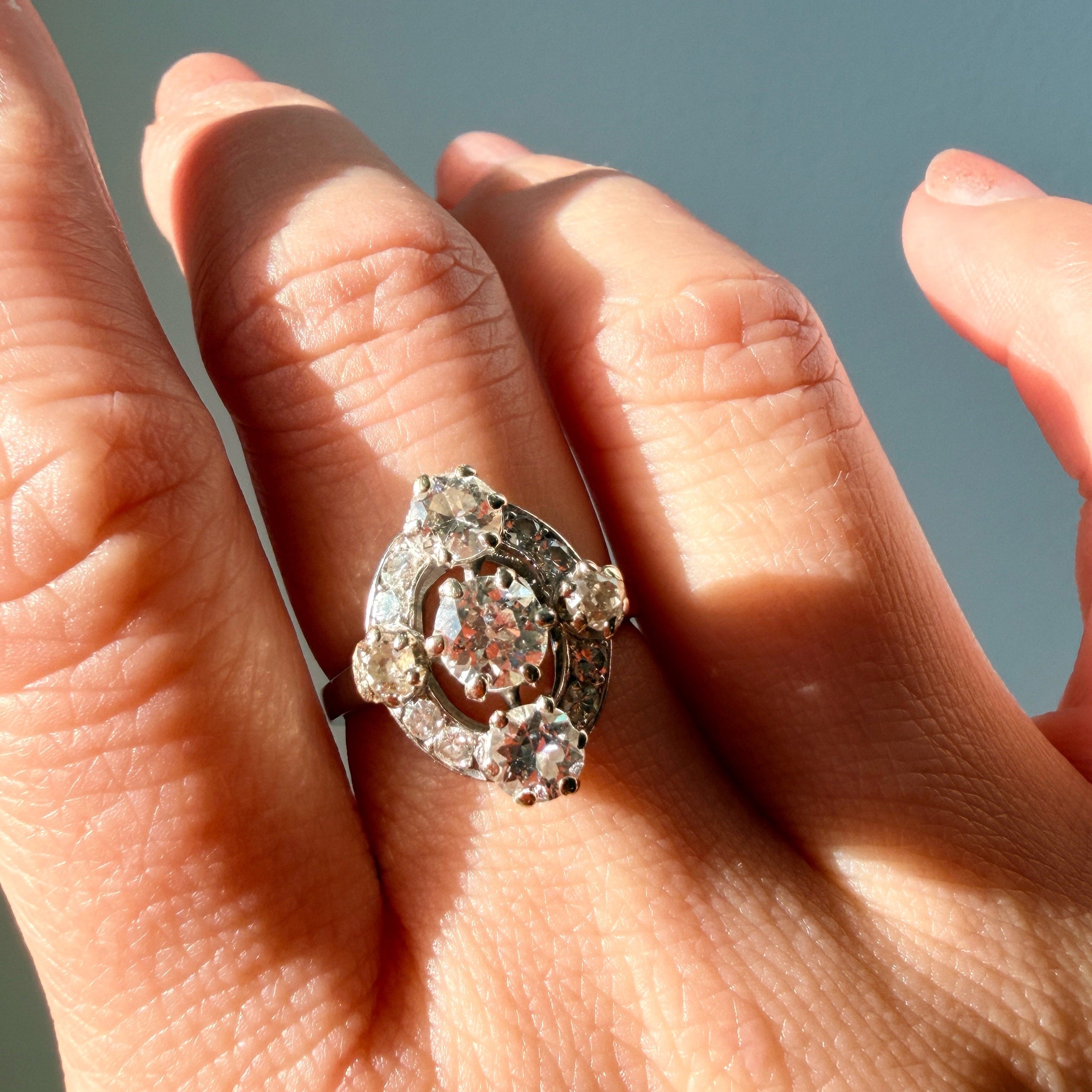 French vintage platine old mine cut diamond cluster ring