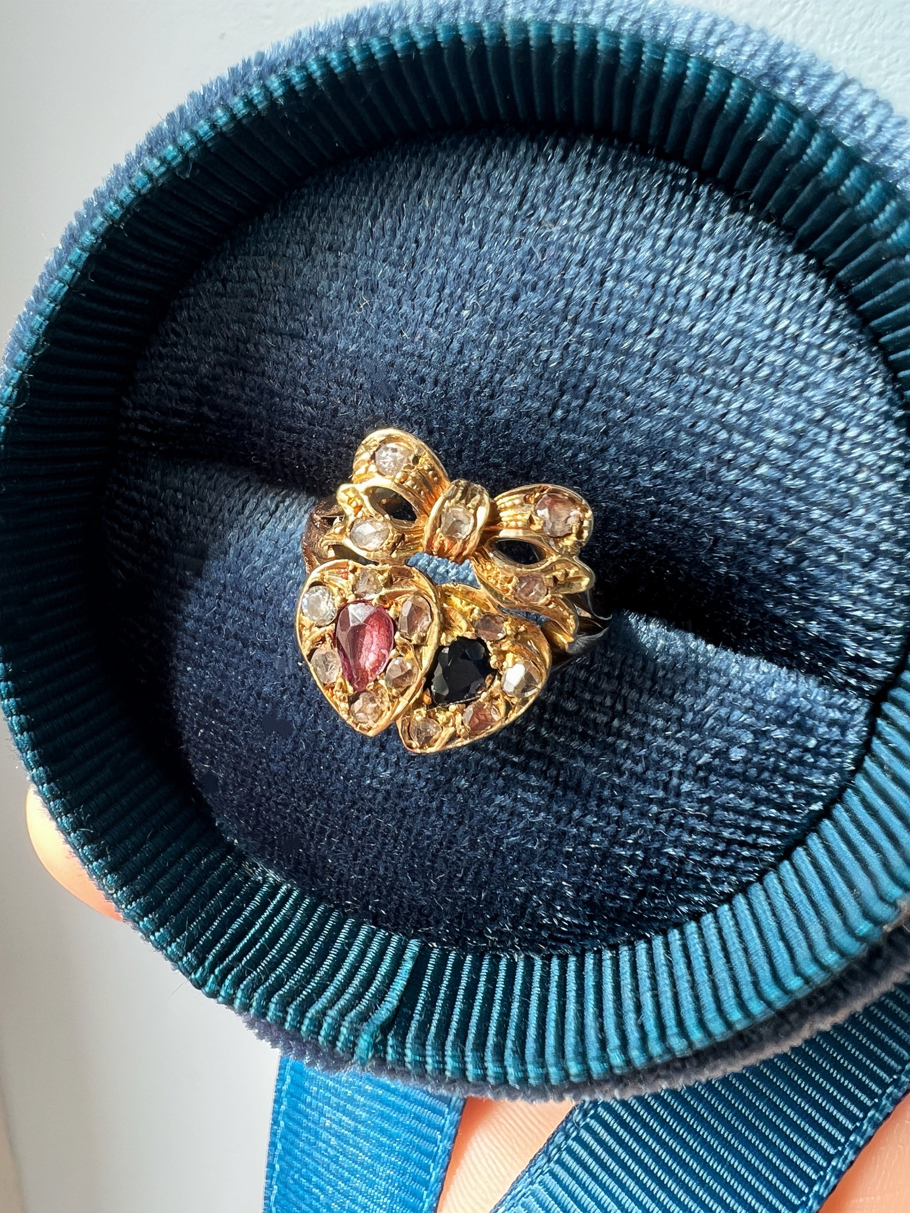 Antique ruby sapphire diamond double heart bow ring