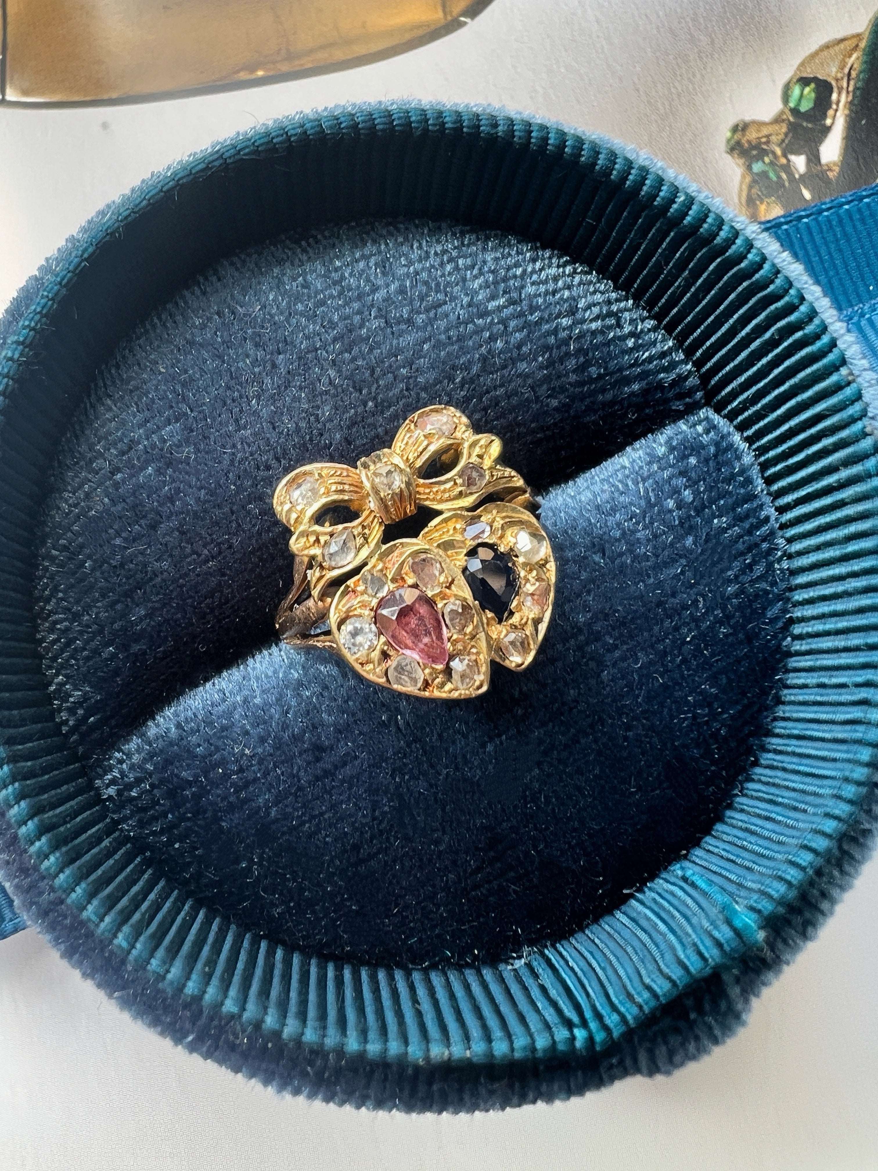 Antique ruby sapphire diamond double heart bow ring