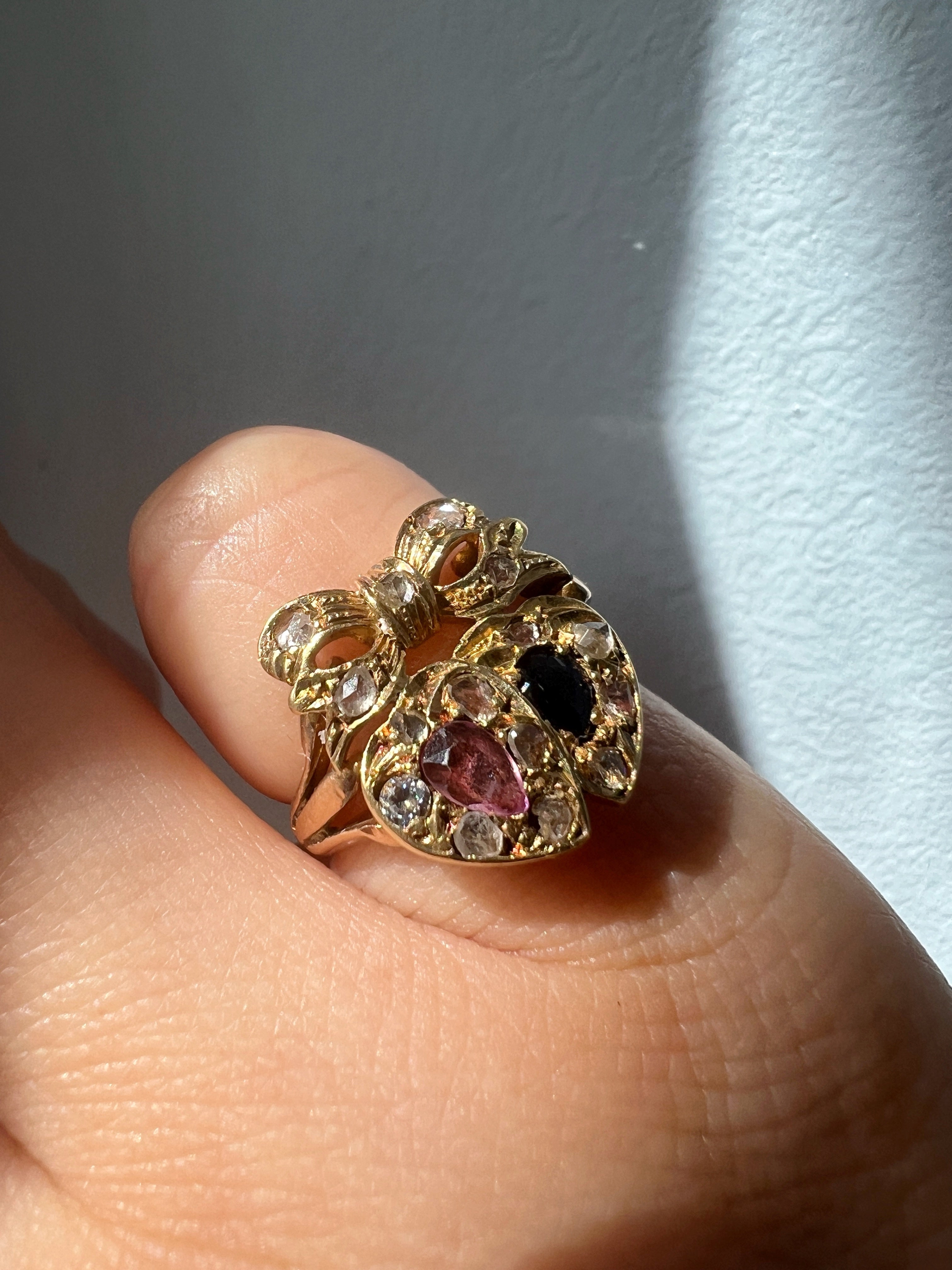 Antique ruby sapphire diamond double heart bow ring
