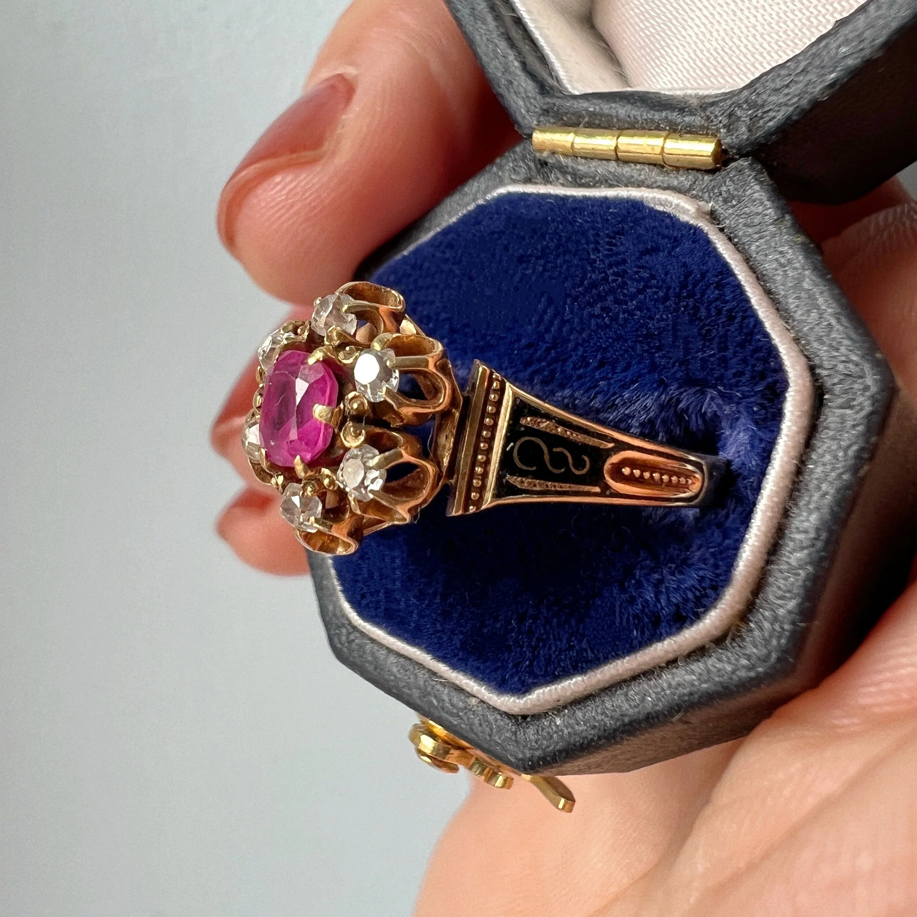 Victorian 14K Yellow Gold Ruby, Diamond & Black Enamel Ring