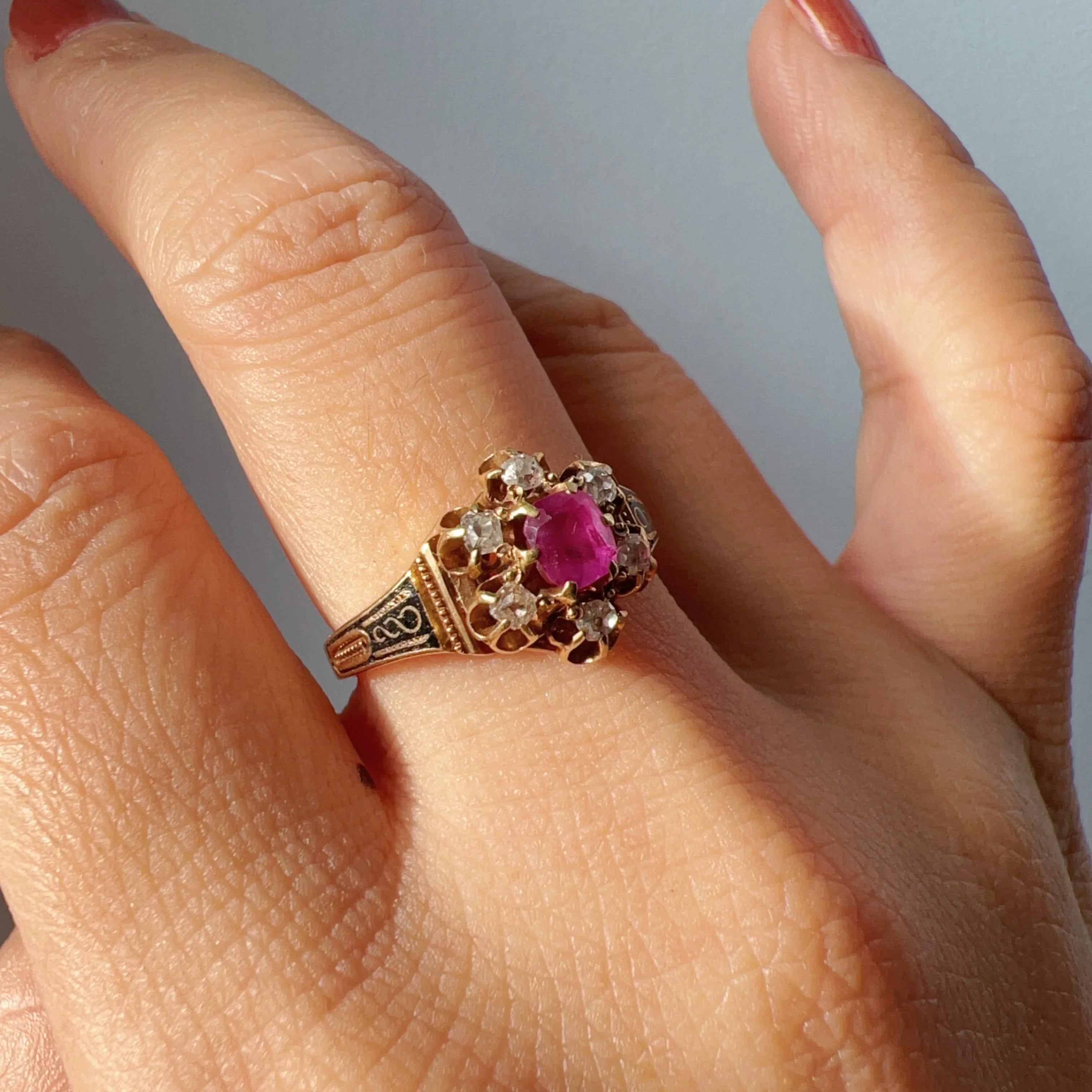 Victorian 14K Yellow Gold Ruby, Diamond & Black Enamel Ring