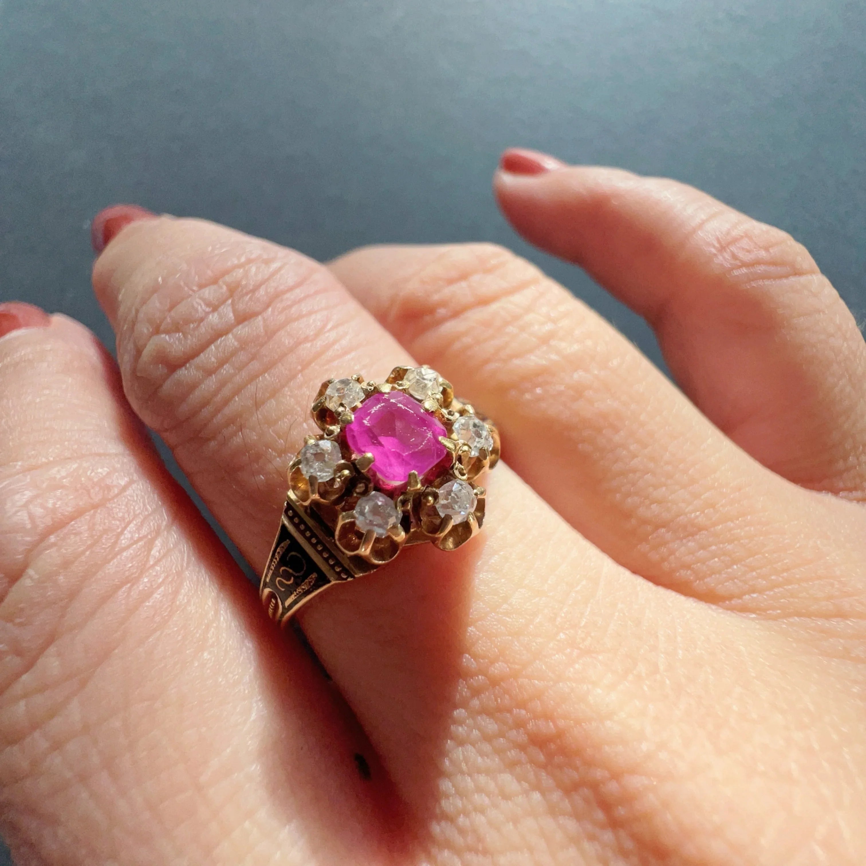 Victorian 14K Yellow Gold Ruby, Diamond & Black Enamel Ring