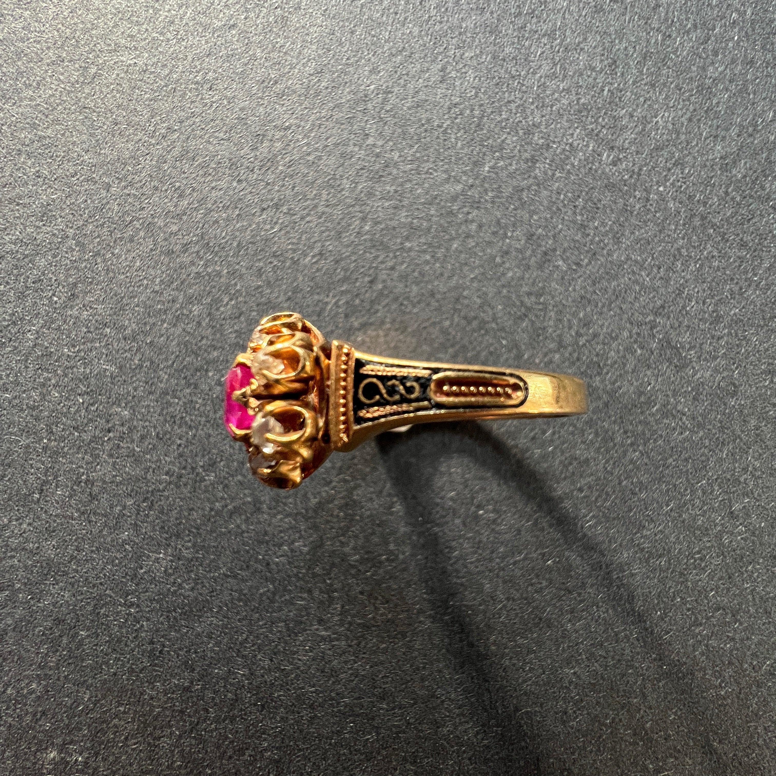 Victorian 14K Yellow Gold Ruby, Diamond & Black Enamel Ring