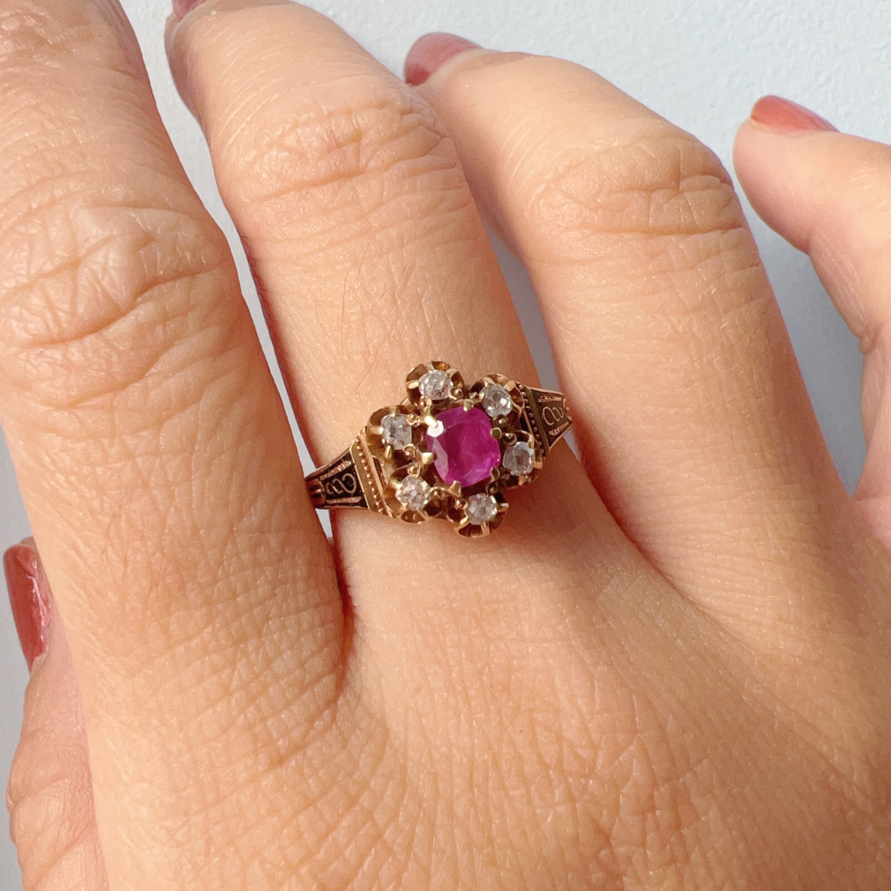 Victorian 14K Gold Ruby, Diamond & Black Enamel Ring