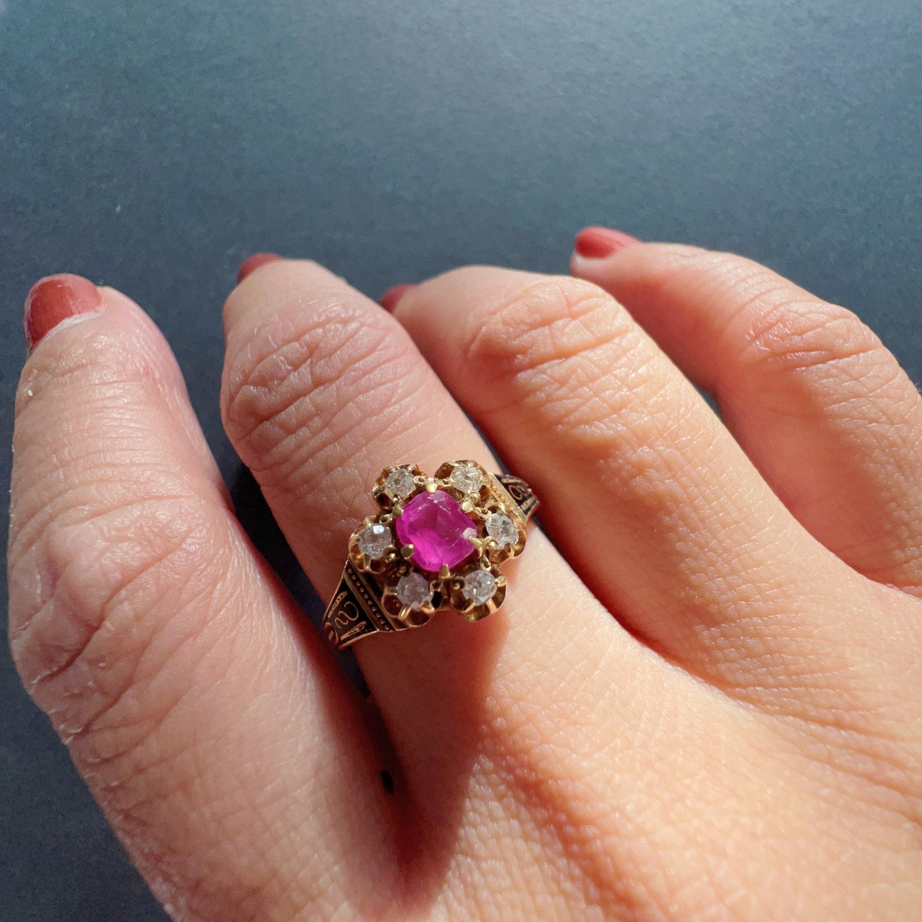 Victorian 14K Gold Ruby, Diamond & Black Enamel Ring