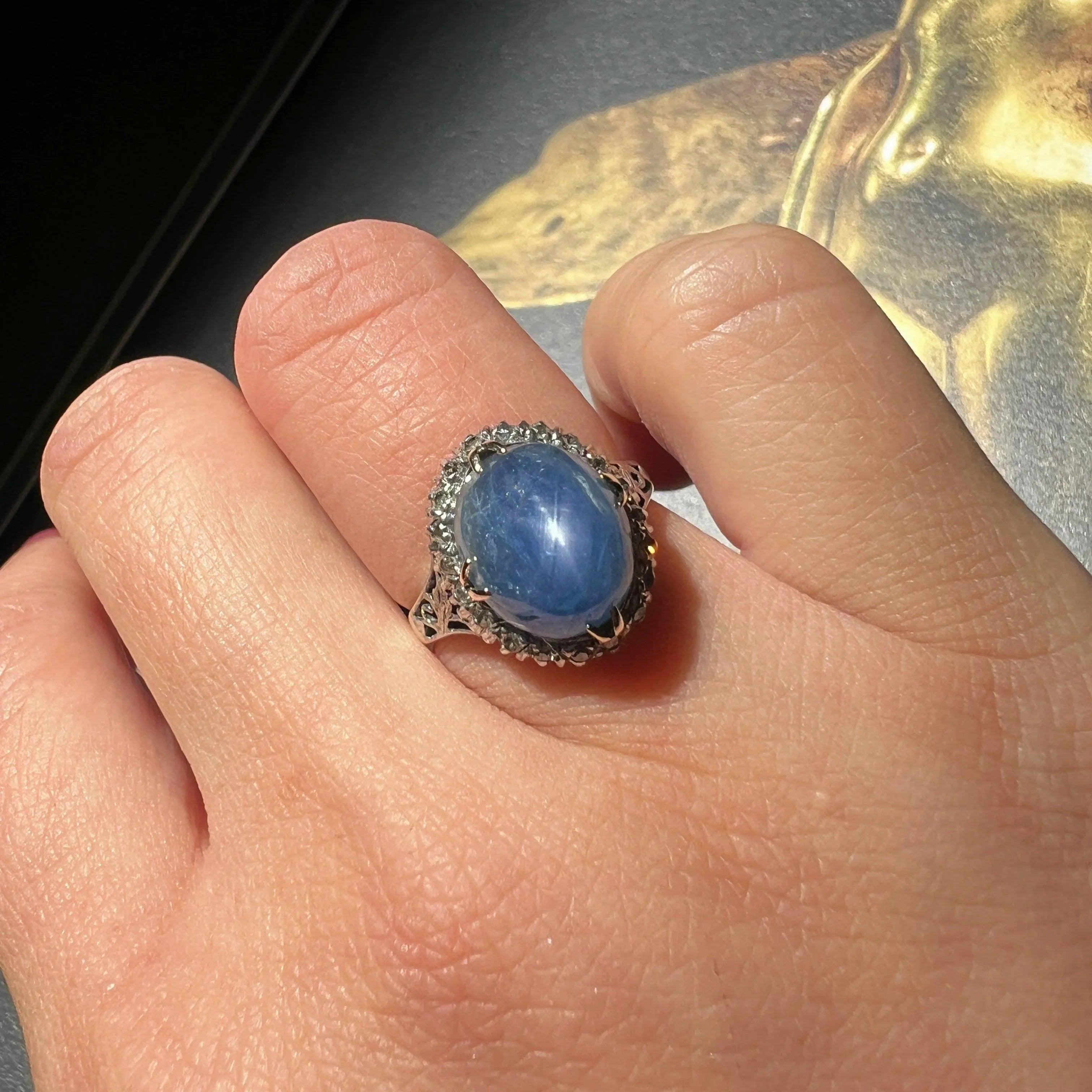Victorian era 9K gold star blue sapphire diamond ring - Curiously timeless