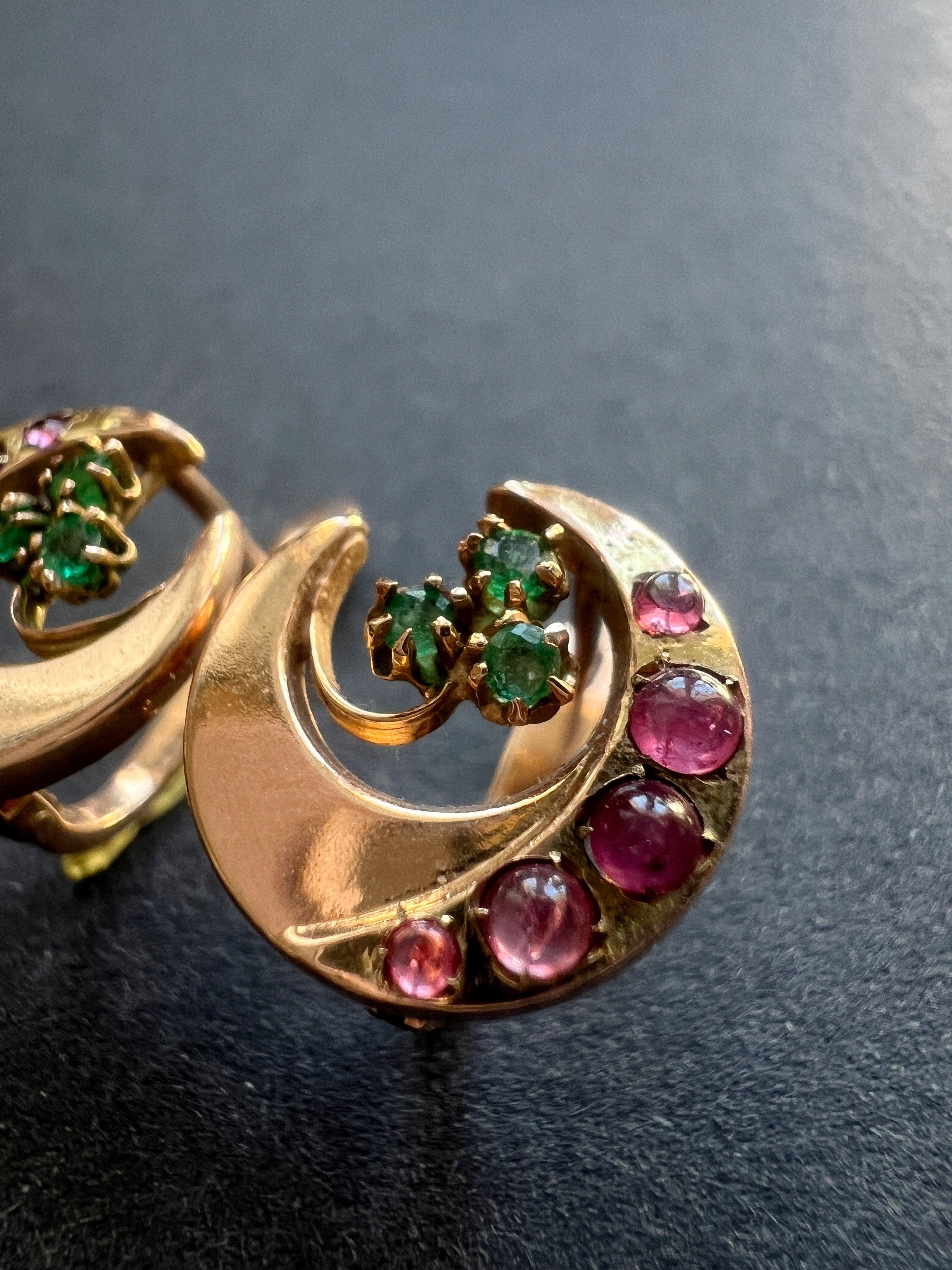 14k gold ruby emerald moon clover earrings