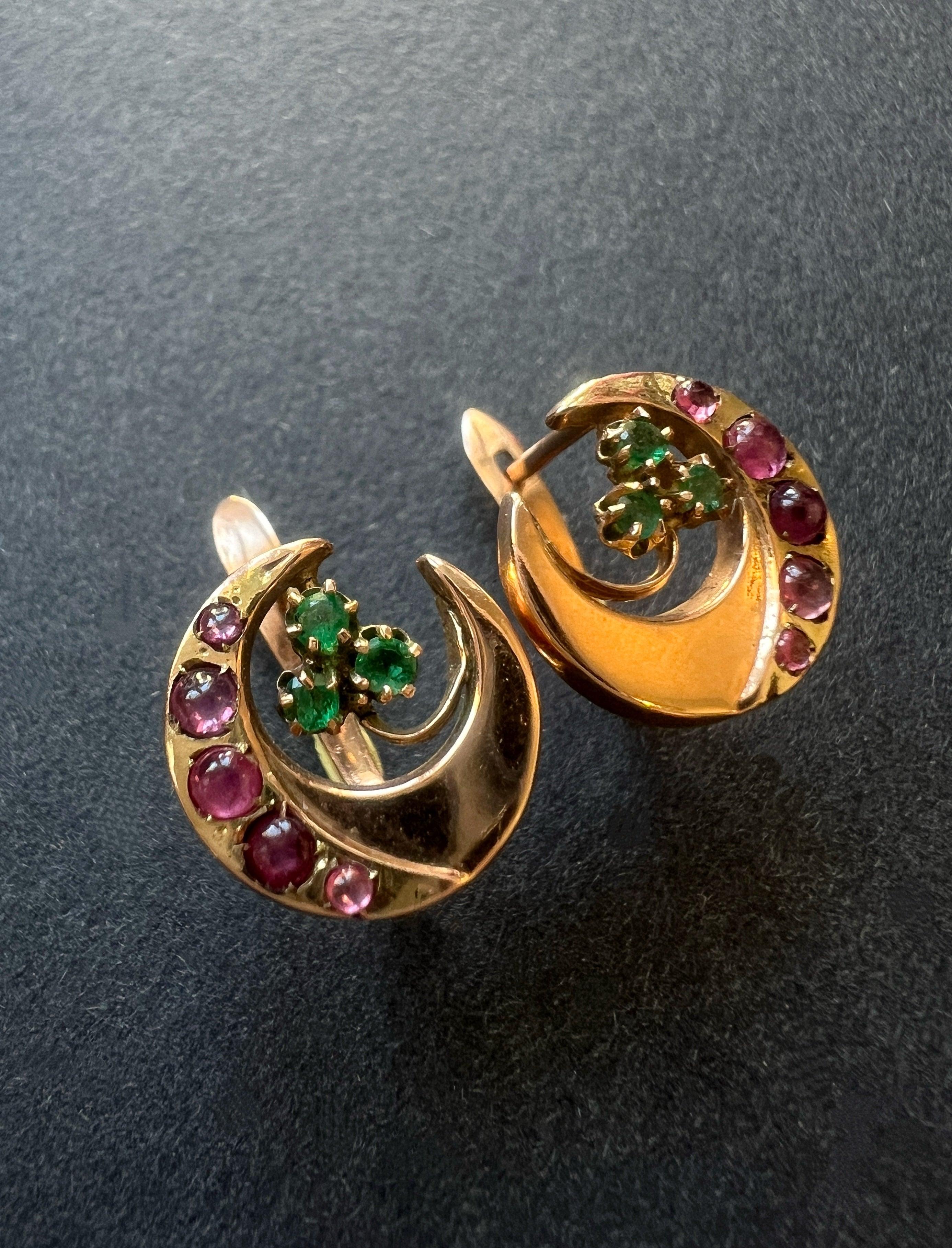 14k gold ruby emerald moon clover earrings