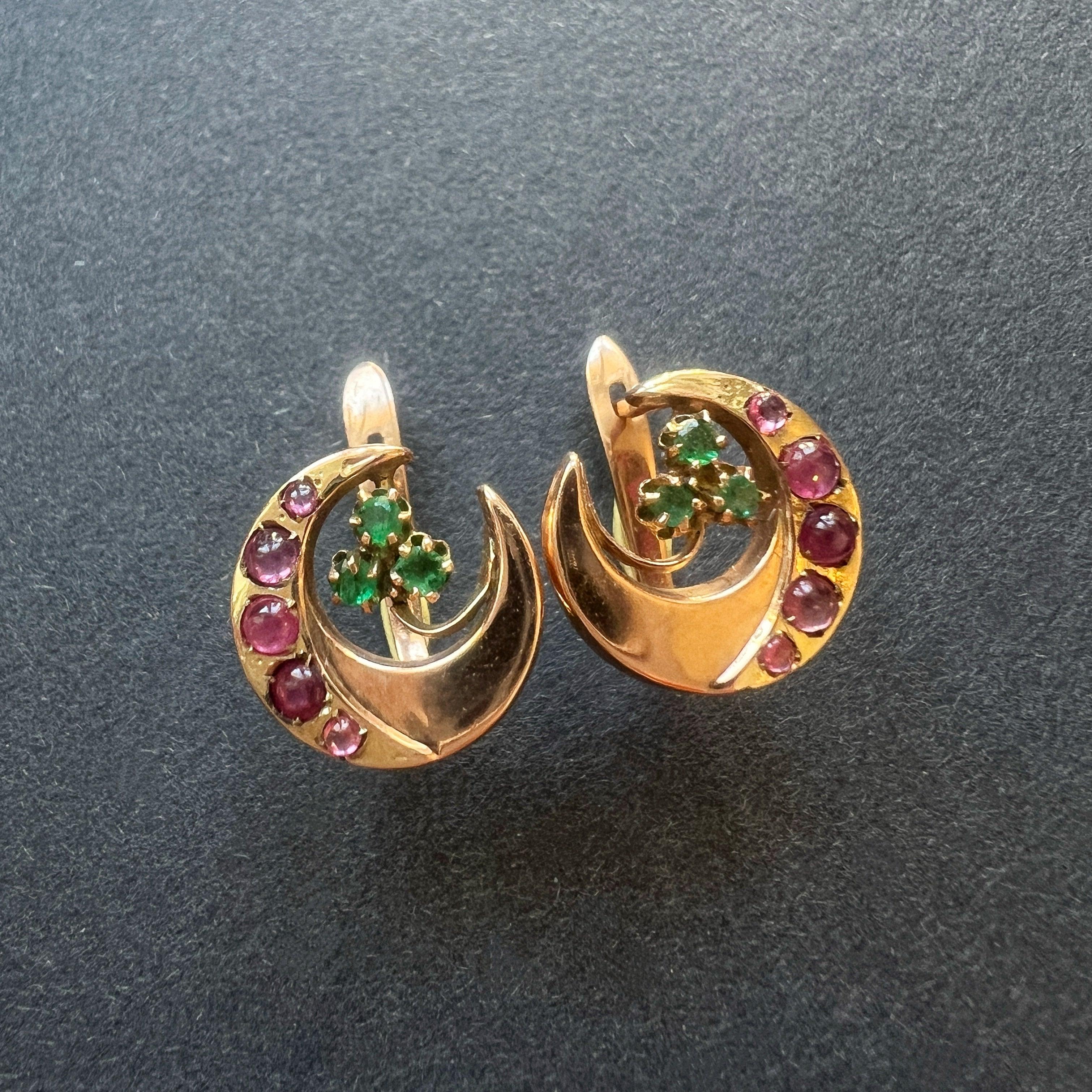 14k gold ruby emerald moon clover earrings