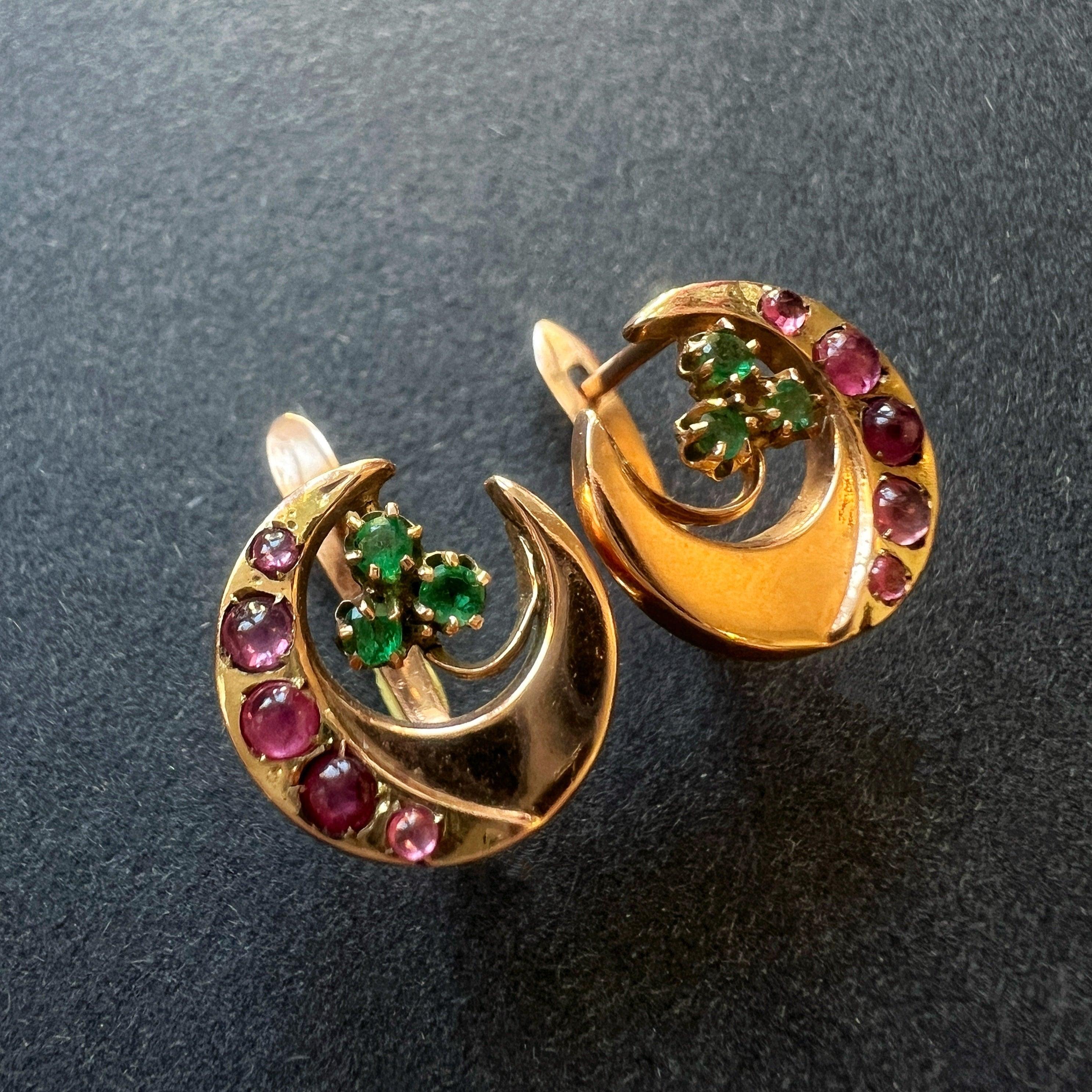 14k gold ruby emerald moon clover earrings