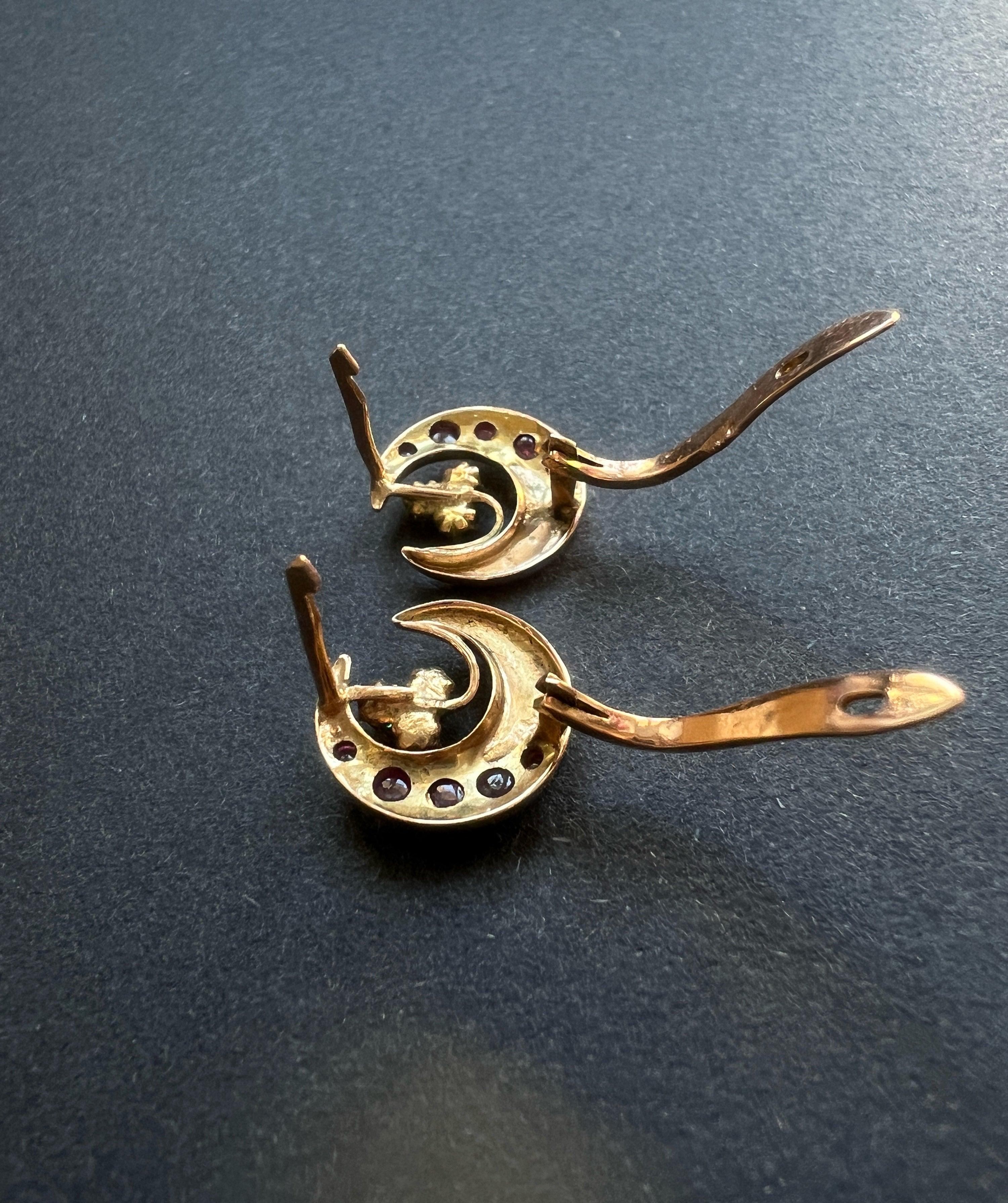 14k gold ruby emerald moon clover earrings