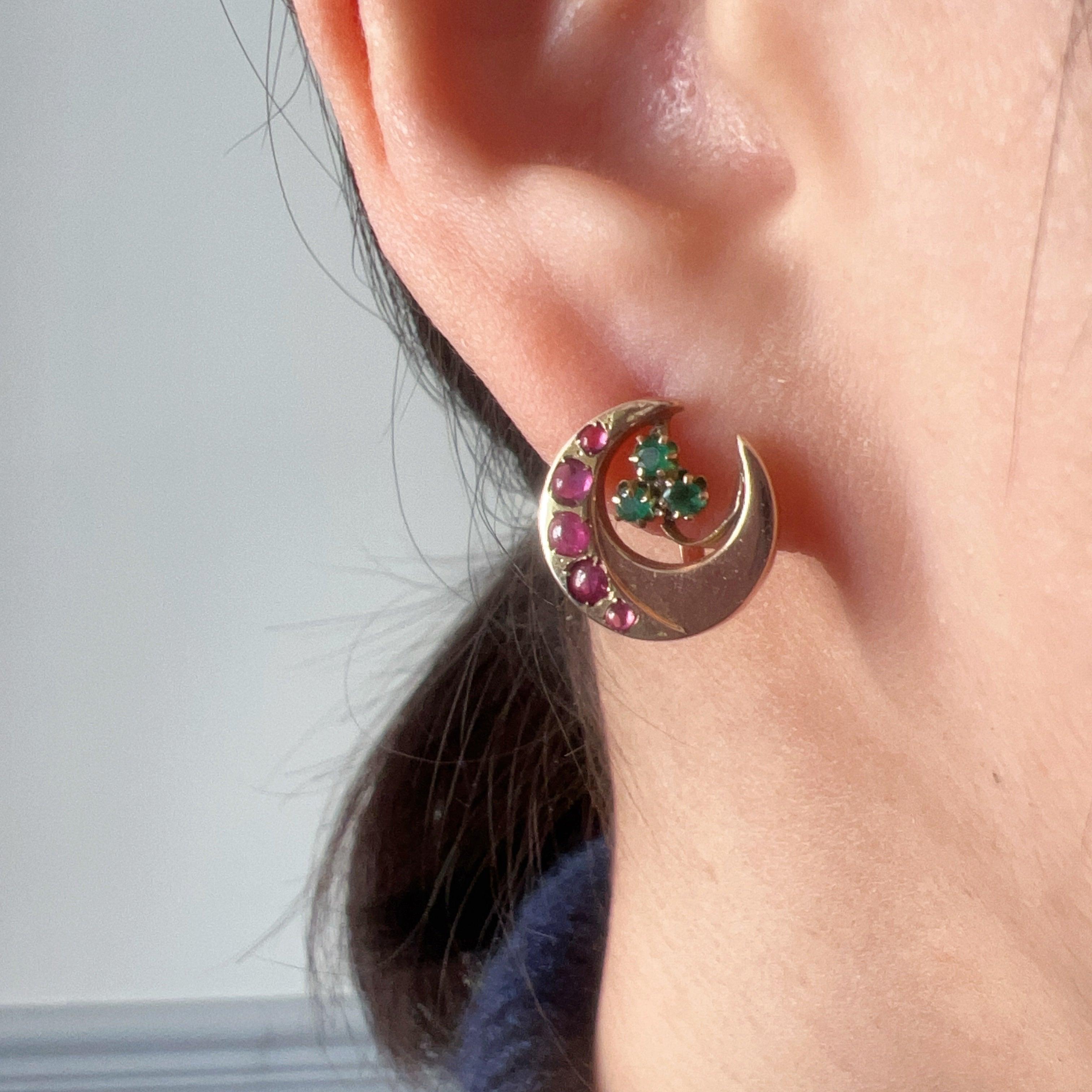 14k gold ruby emerald moon clover earrings