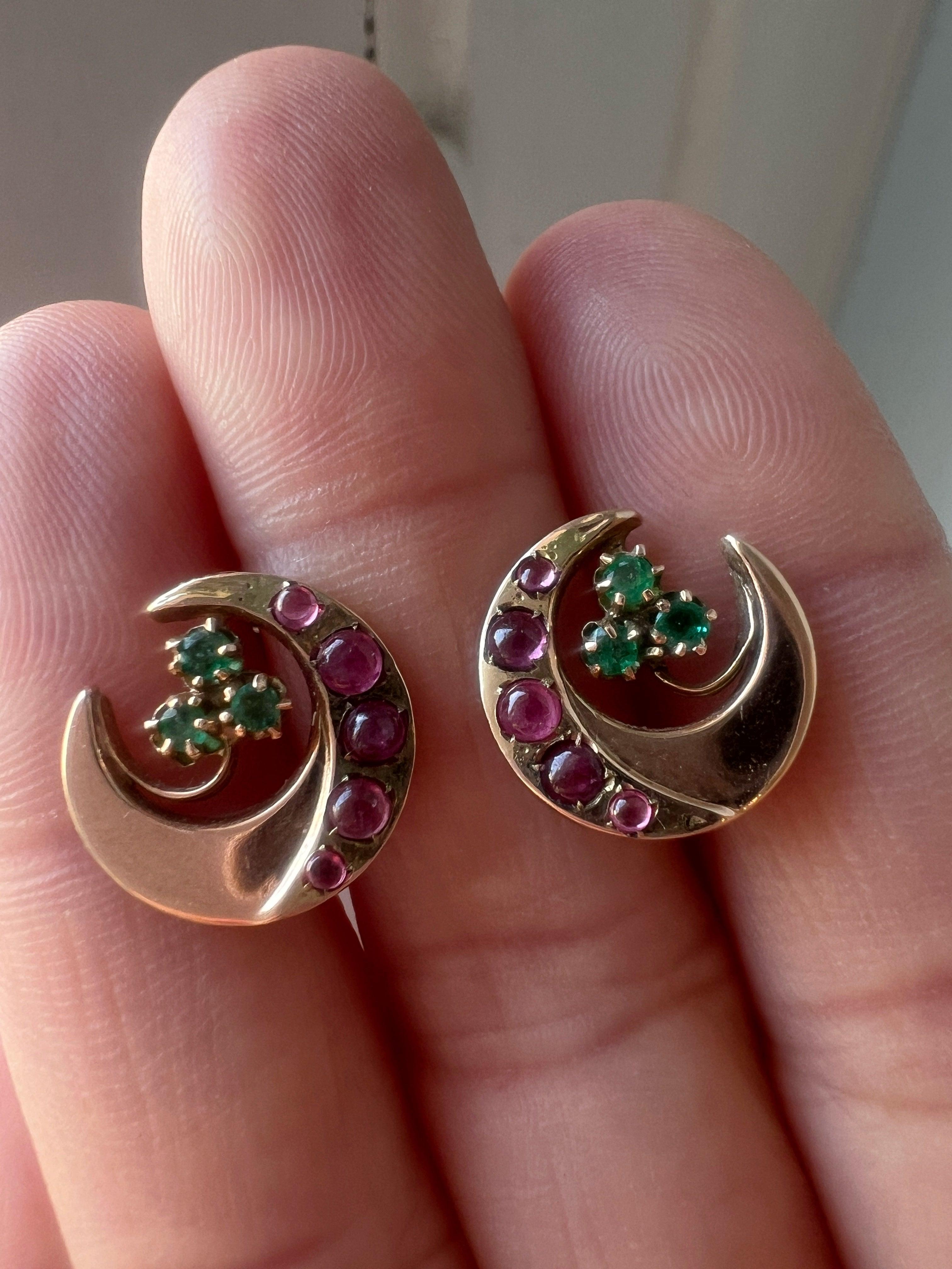 14k gold ruby emerald moon clover earrings