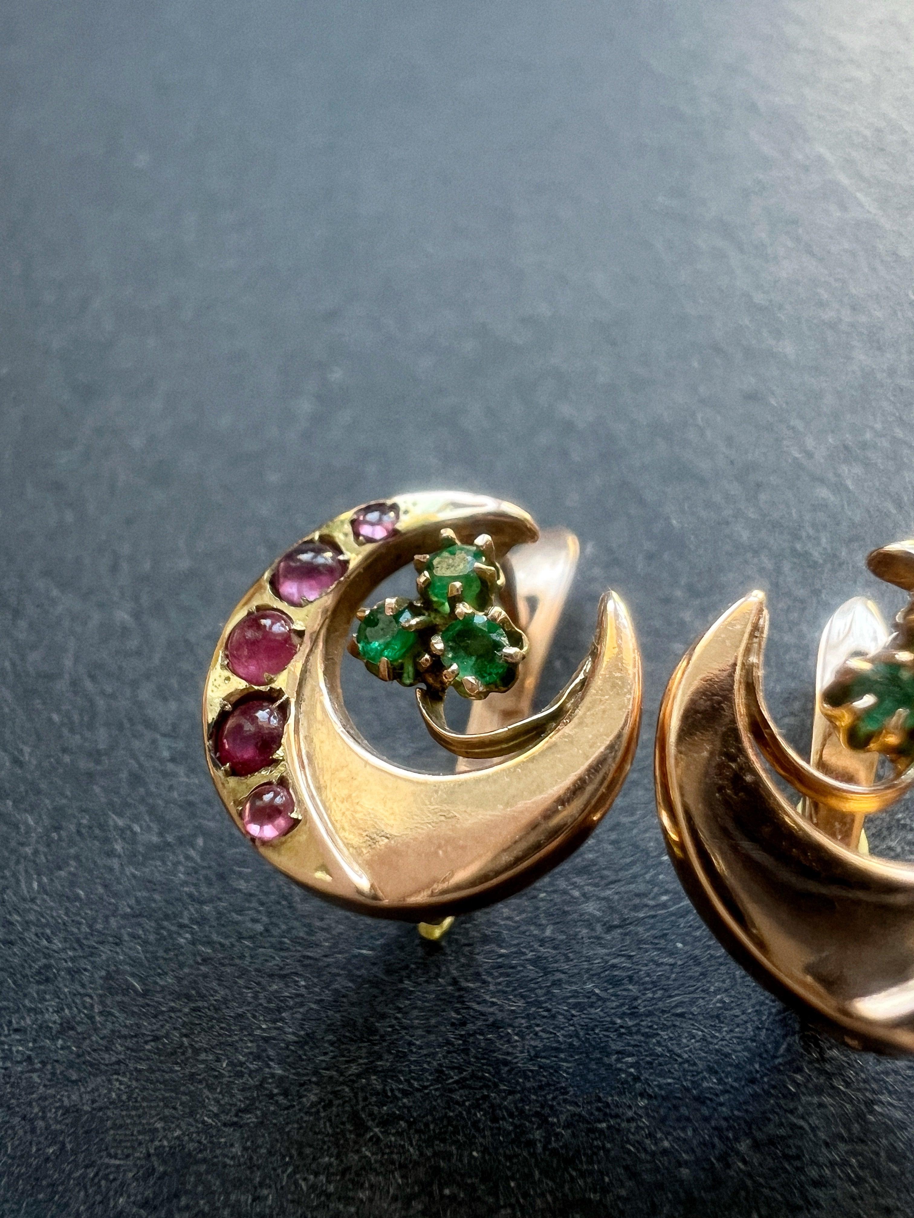 14k gold ruby emerald moon clover earrings