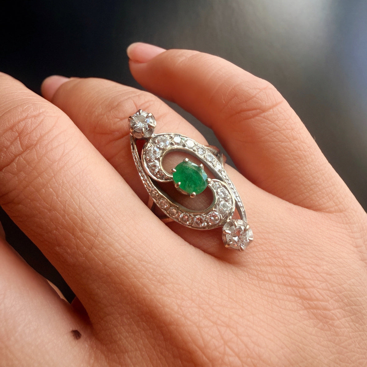 Antique French 18K gold emerald diamond ring