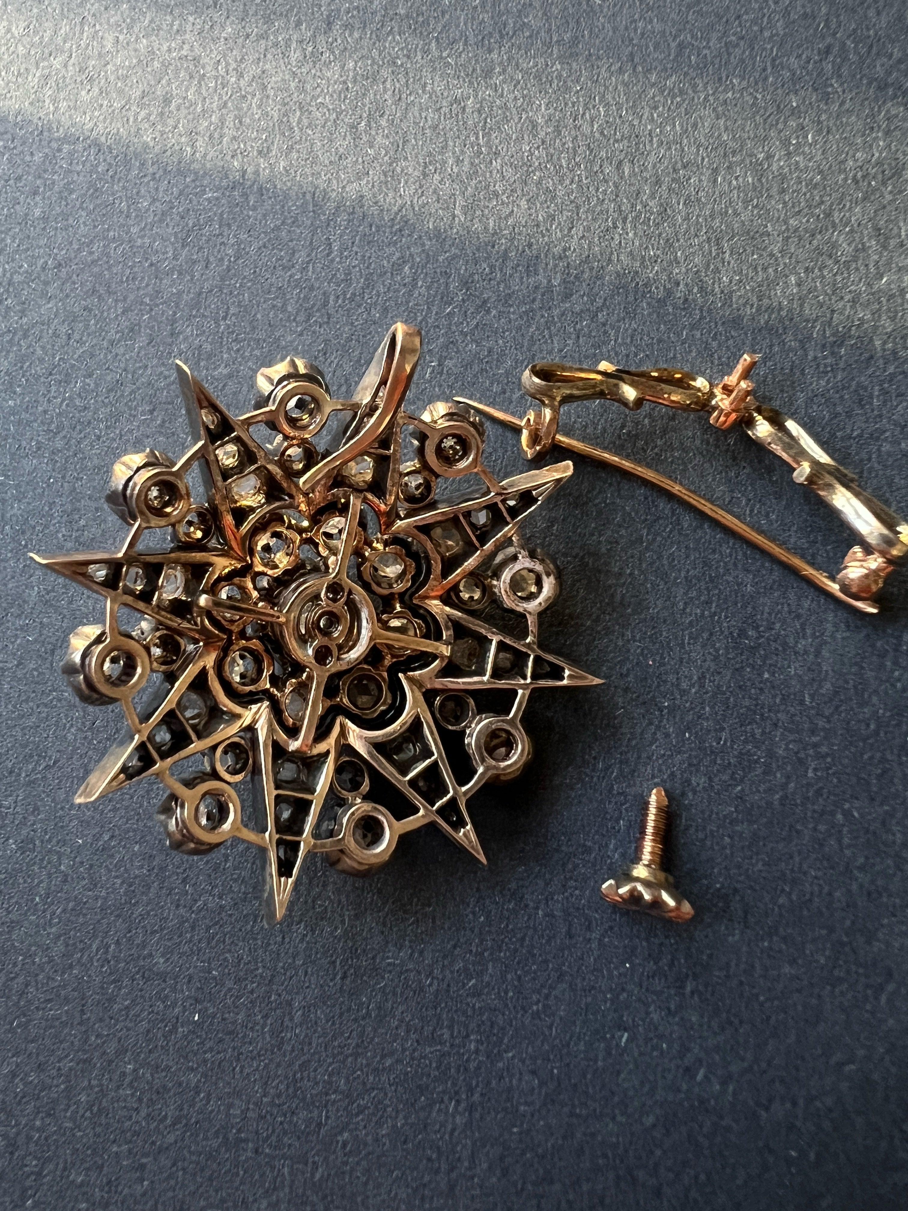 Large French Victorian Era 18K gold diamond star pendant brooch