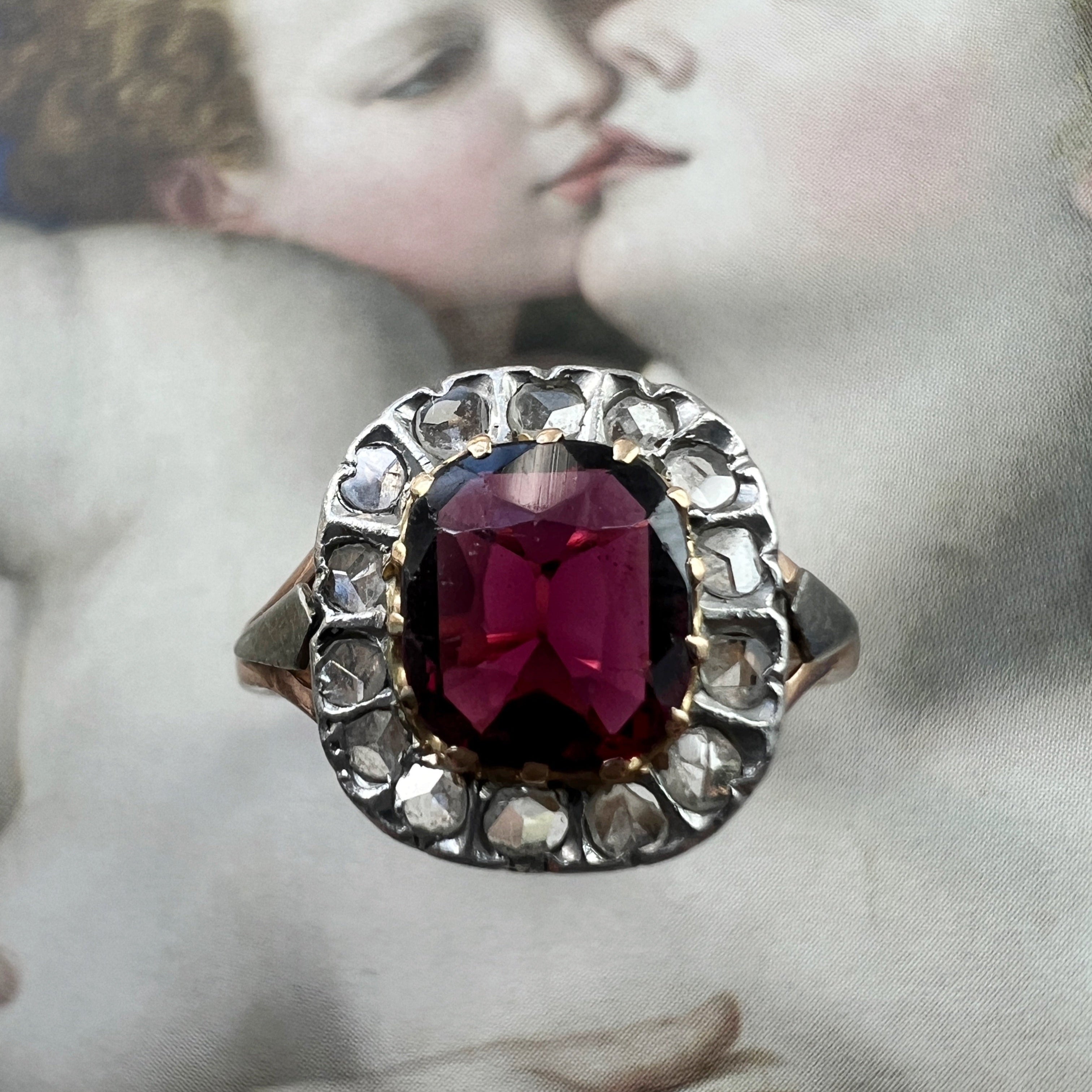 Late Victorian 18K Gold Garnet and Diamond Ring
