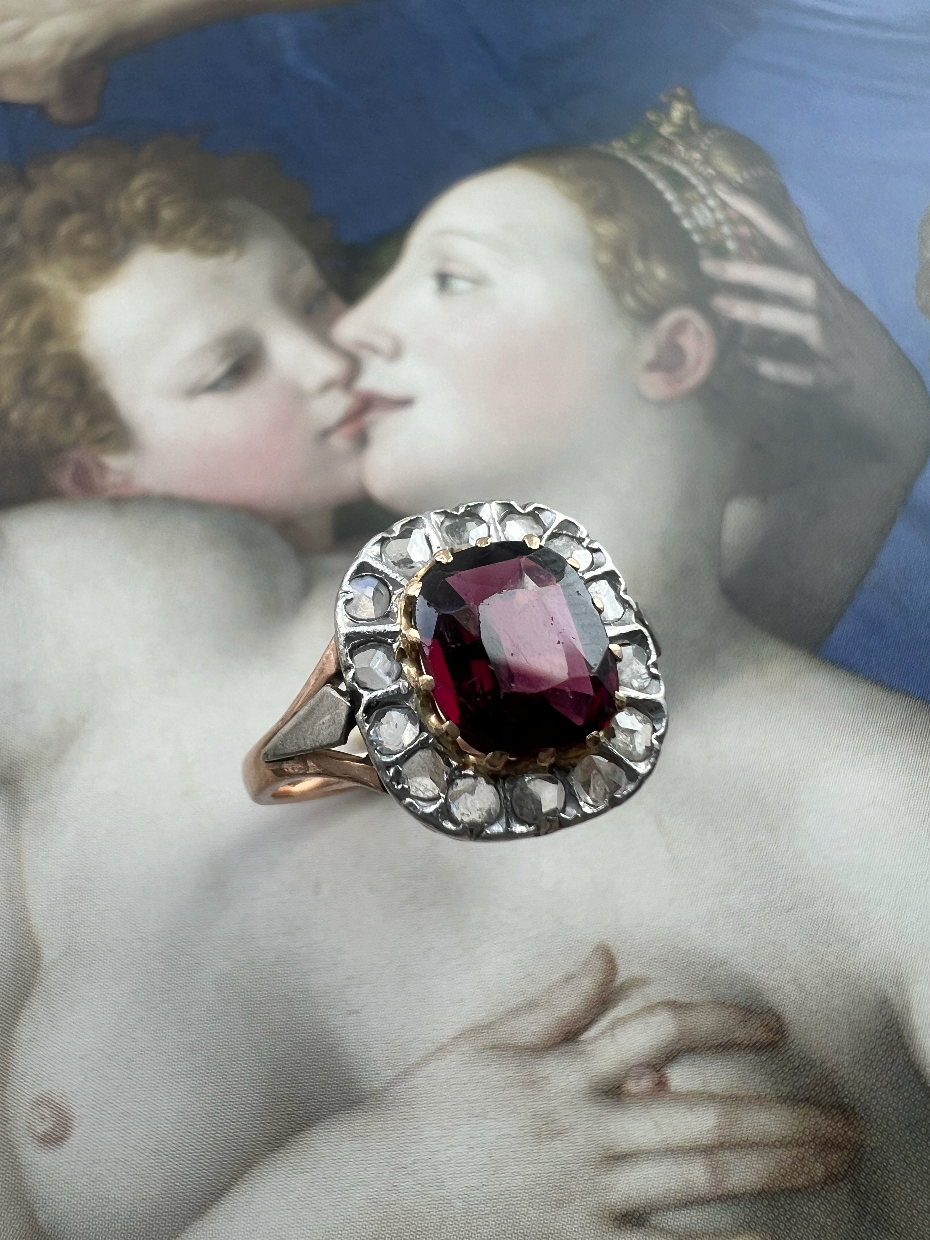 Late Victorian 18K Gold Garnet and Diamond Ring