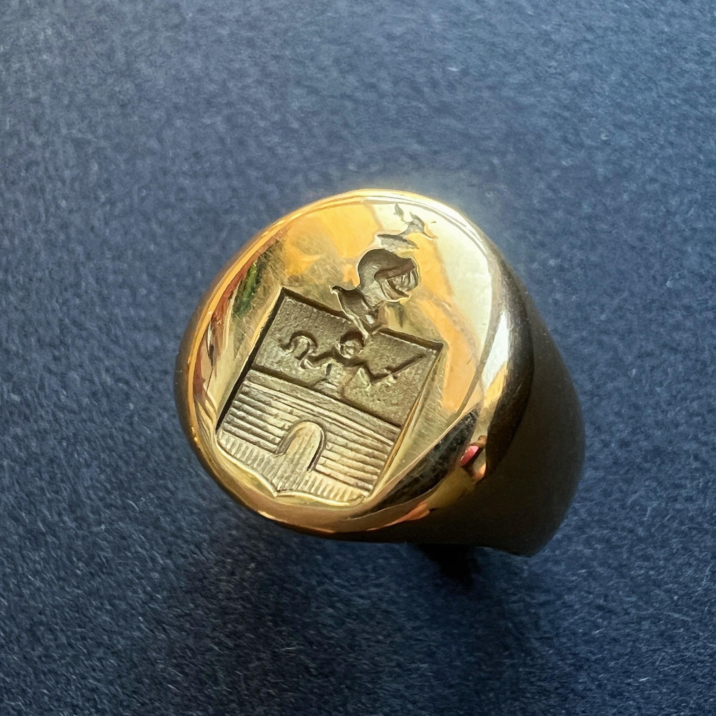 French antique 18k gold signet ring with coat of arms