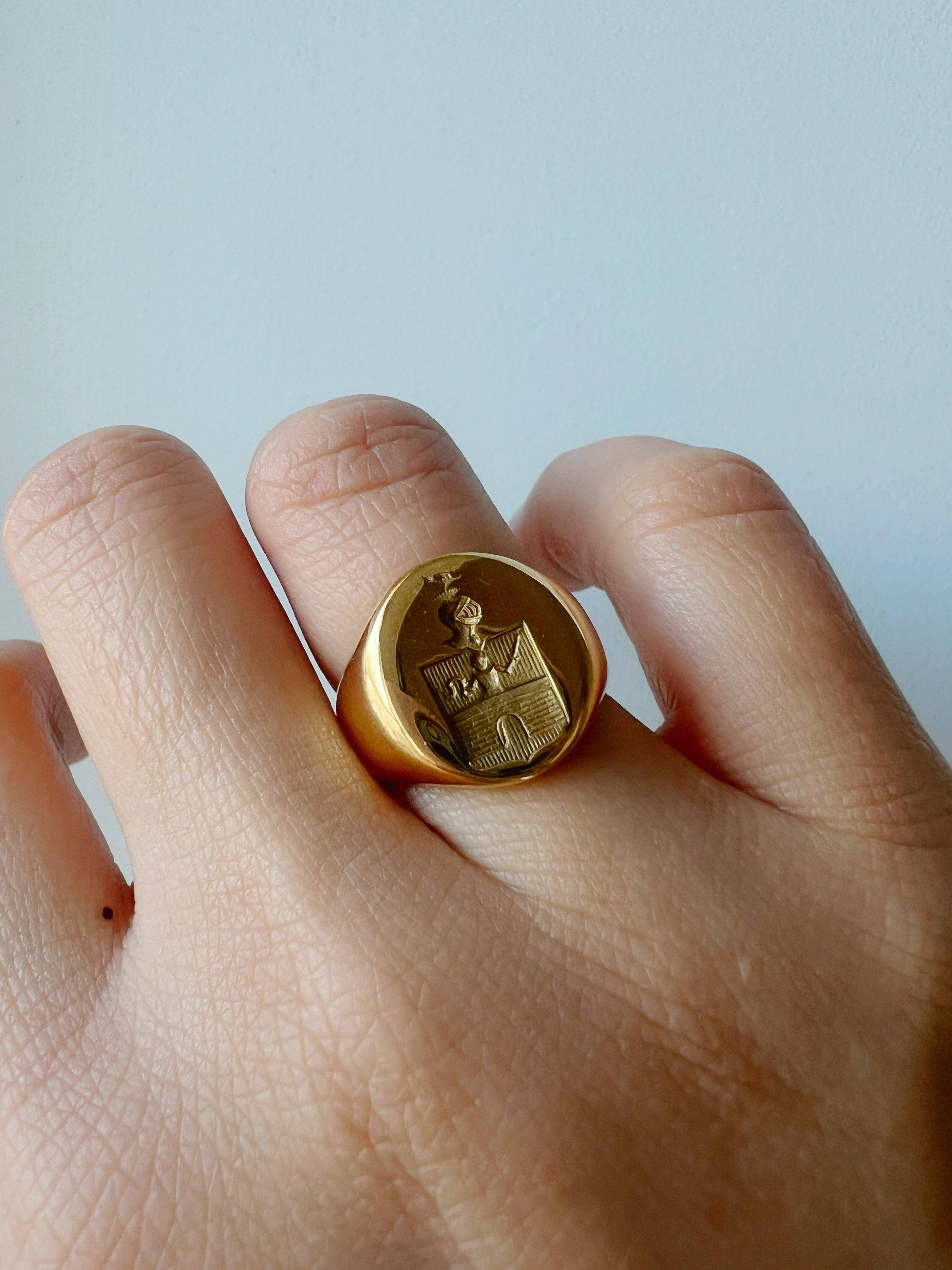 French antique 18k gold signet ring with coat of arms