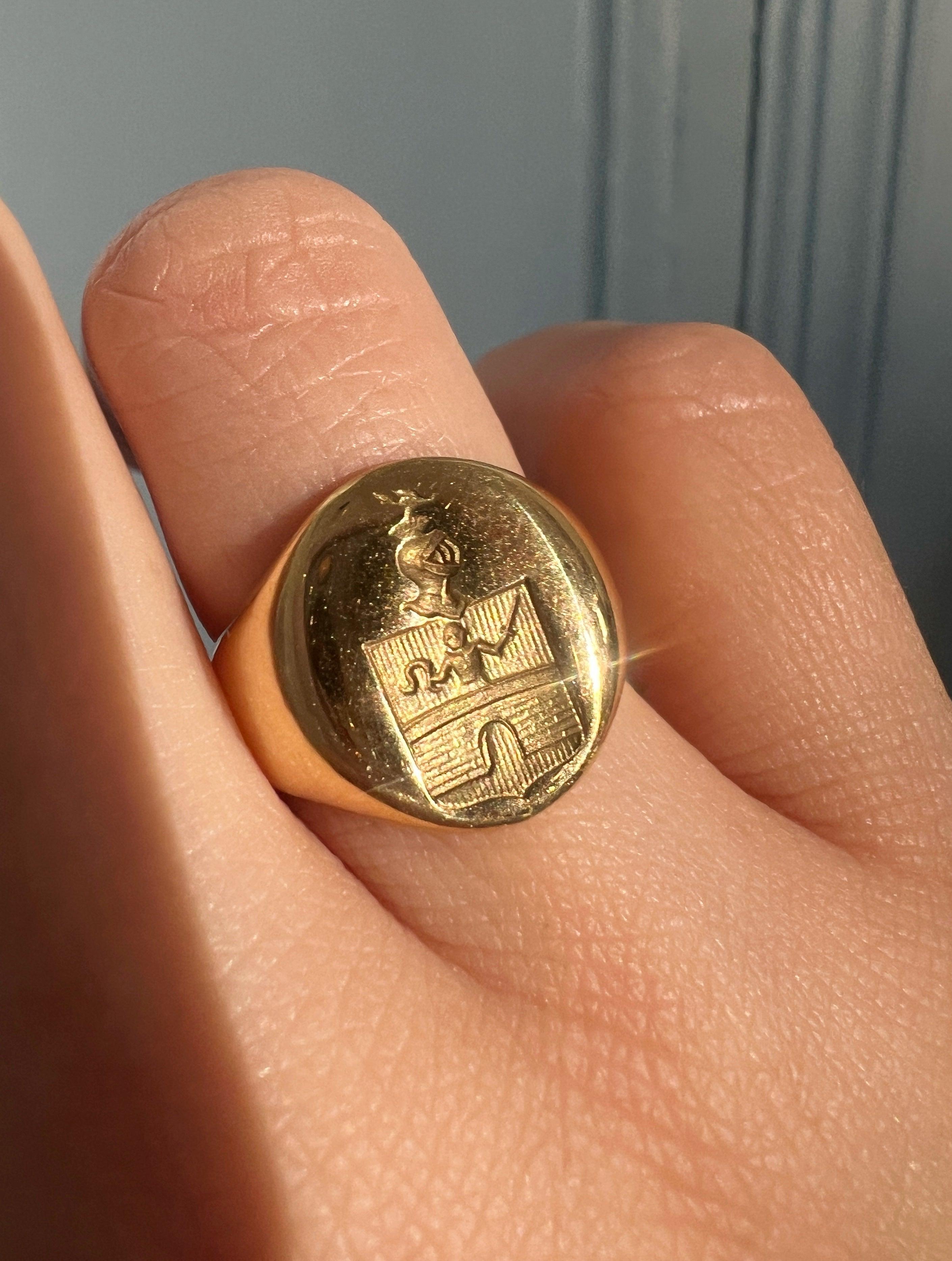 French antique 18k gold signet ring with coat of arms