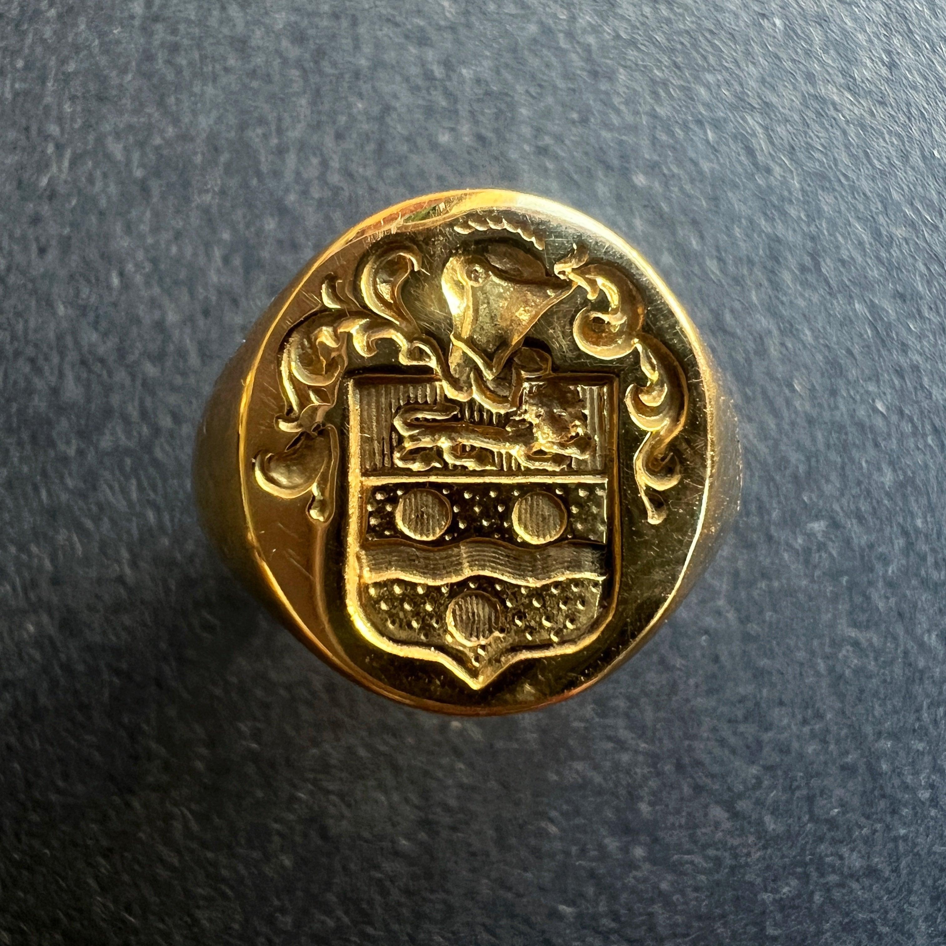 French antique 18k gold signet ring with coat of arms