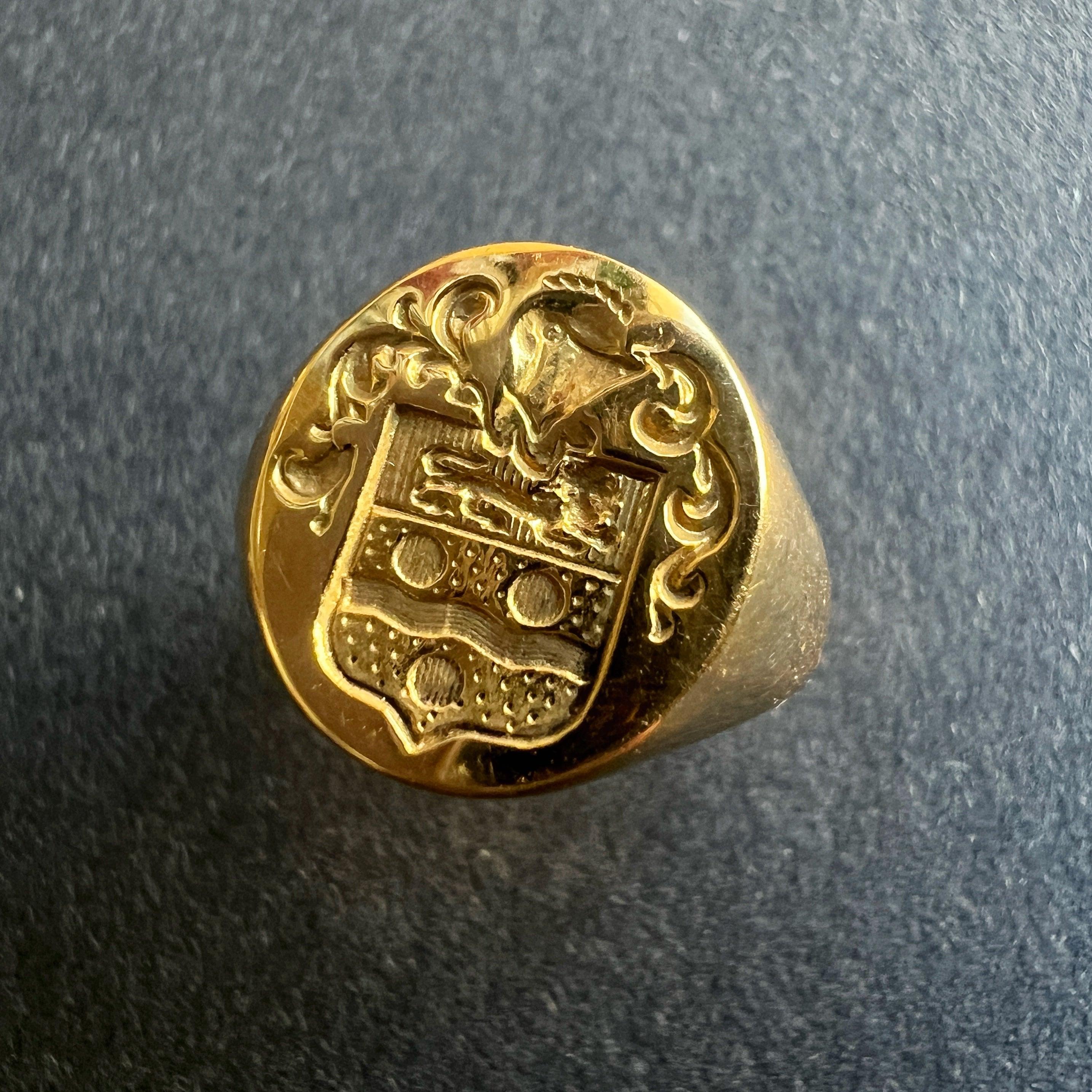 French antique 18k gold signet ring with coat of arms
