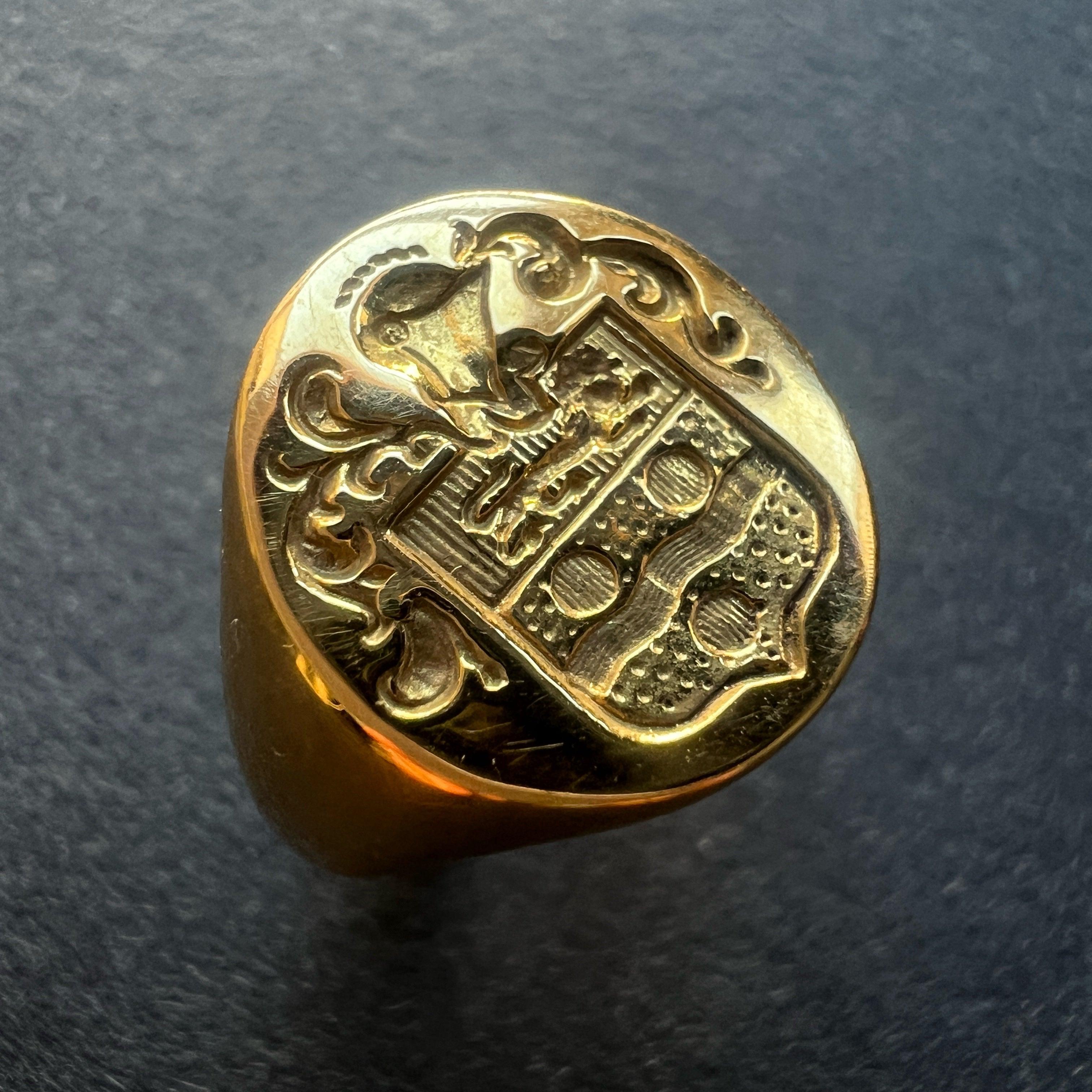 French antique 18k gold signet ring with coat of arms