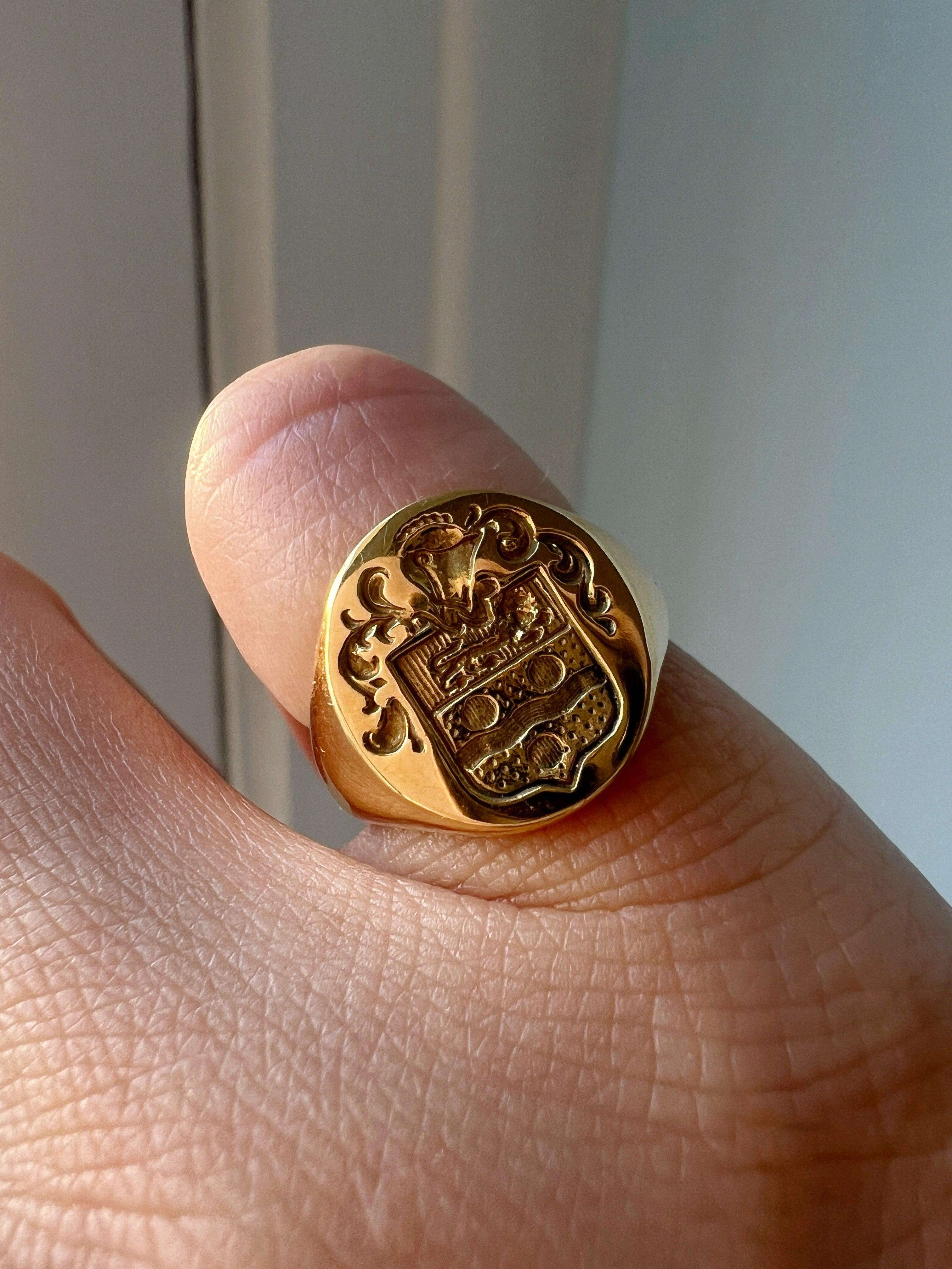 French antique 18k gold signet ring with coat of arms