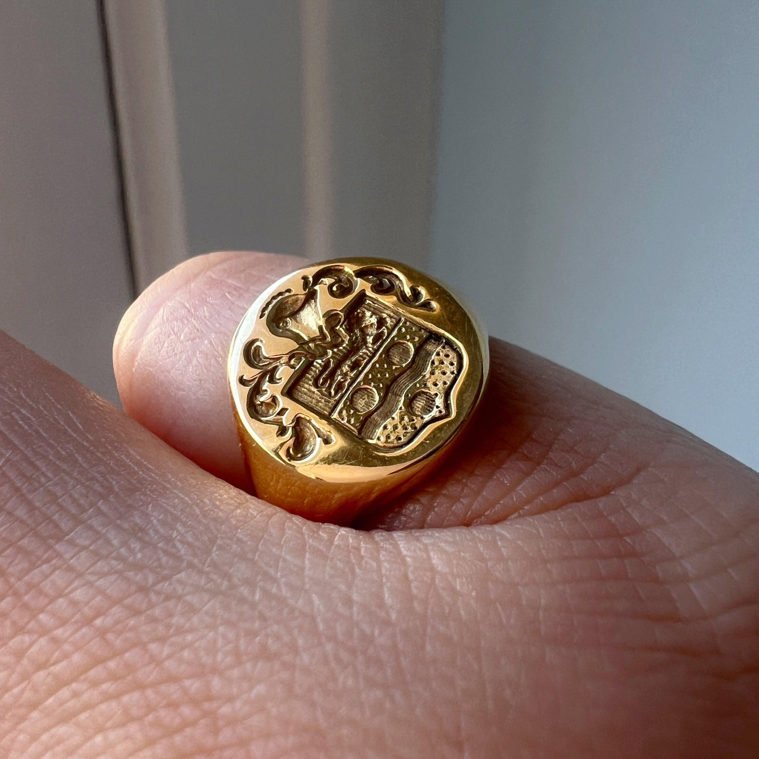 French antique 18k gold signet ring with coat of arms