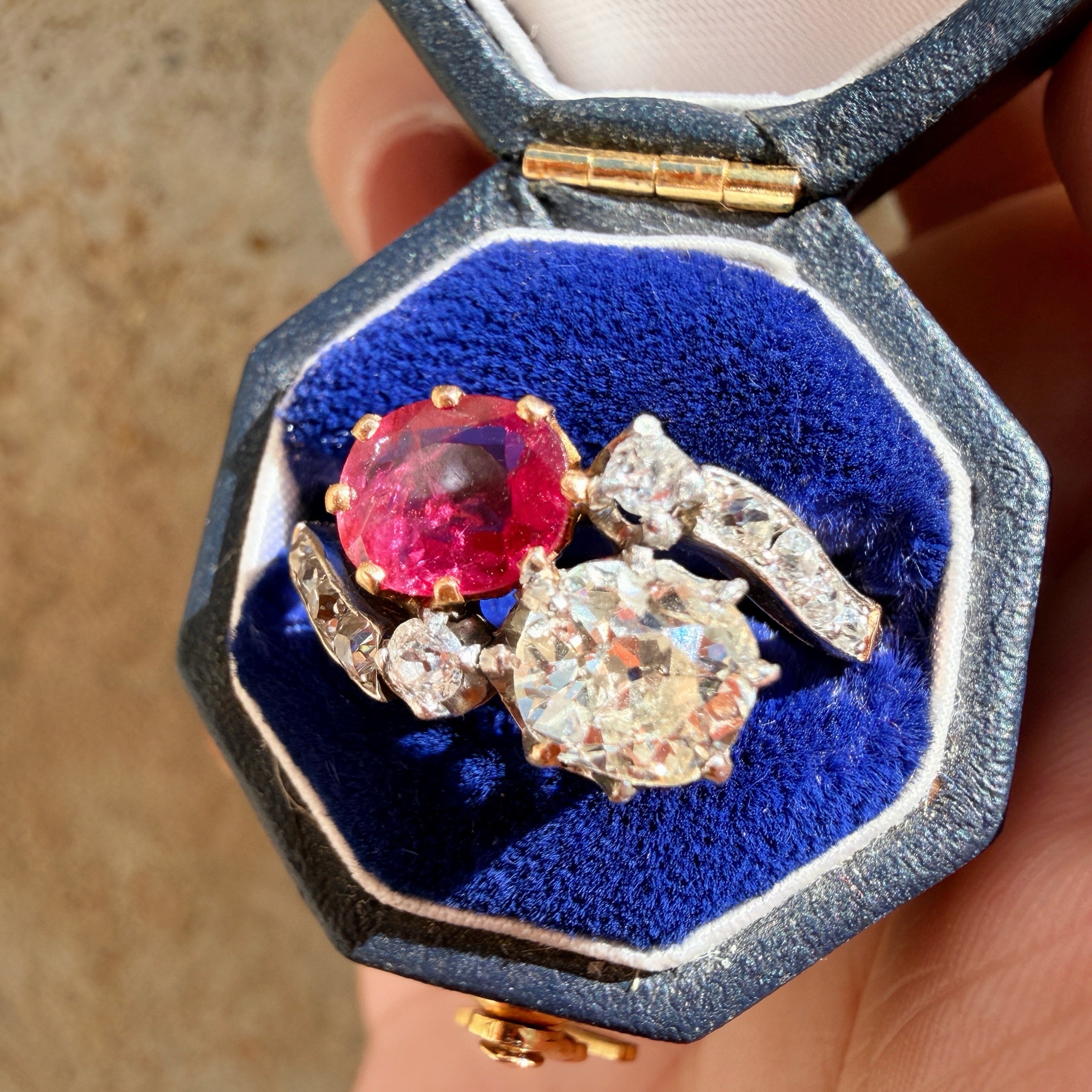 French 18K gold natural ruby & diamond you and me ring