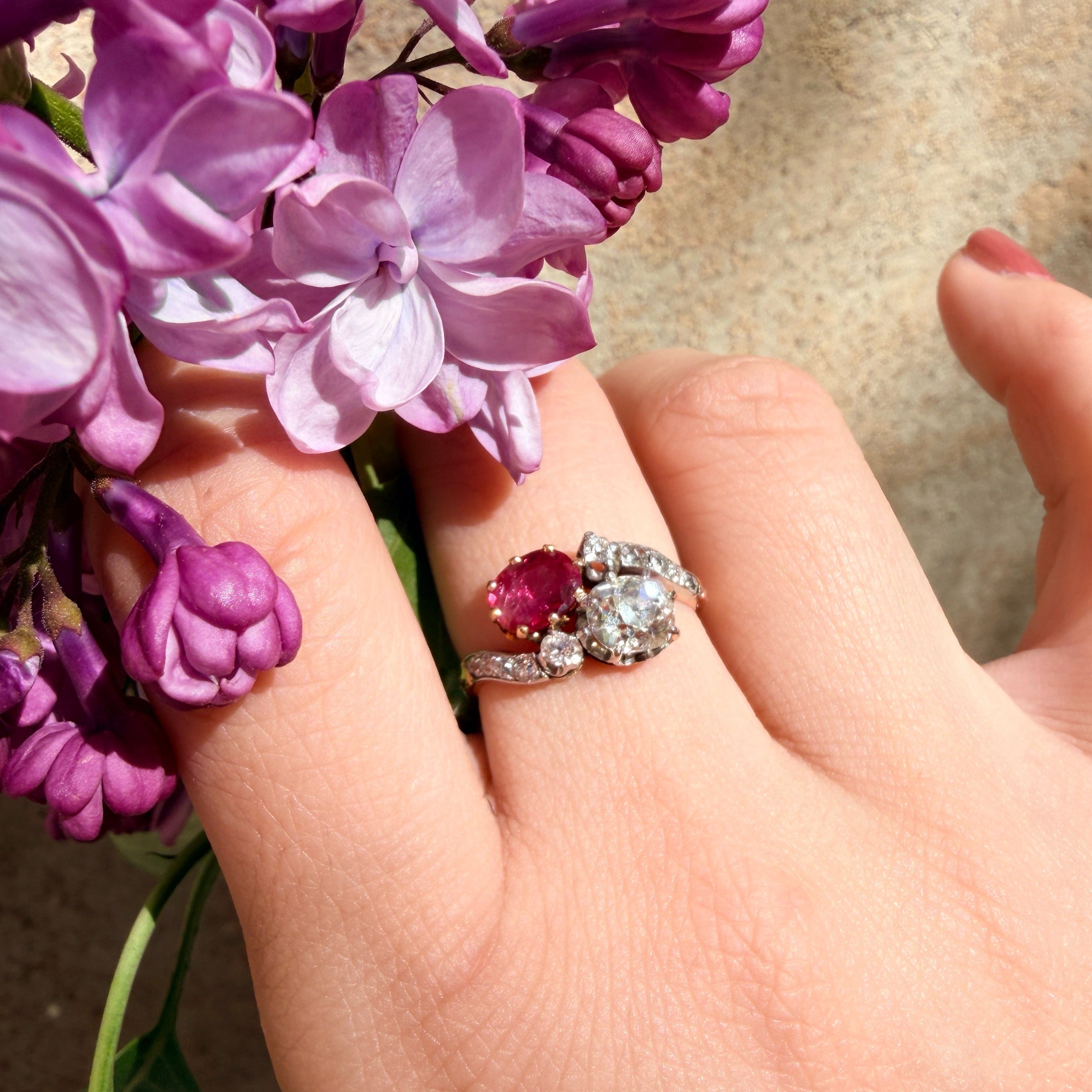 French 18K gold natural ruby & diamond you and me ring