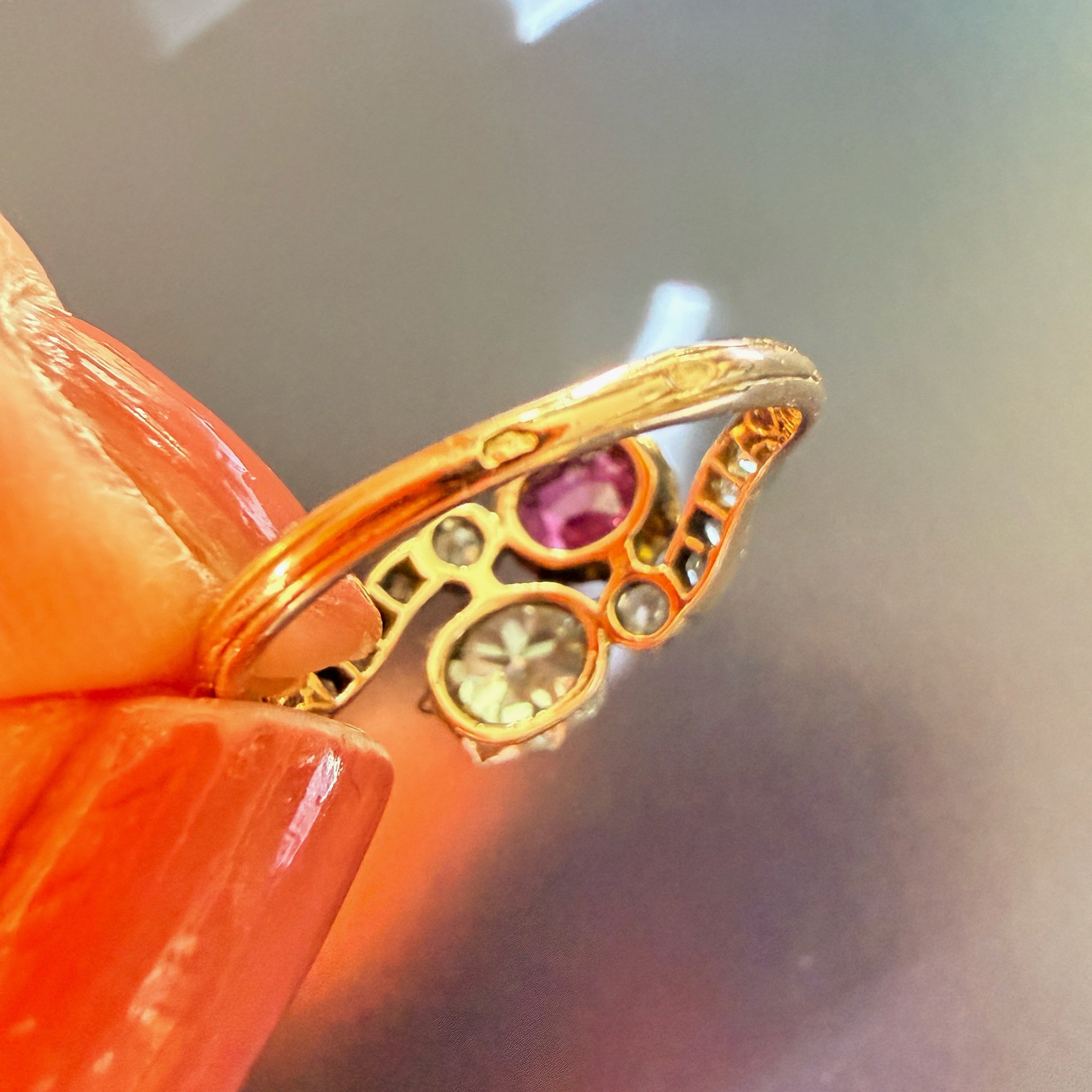 French 18K gold natural ruby & diamond you and me ring