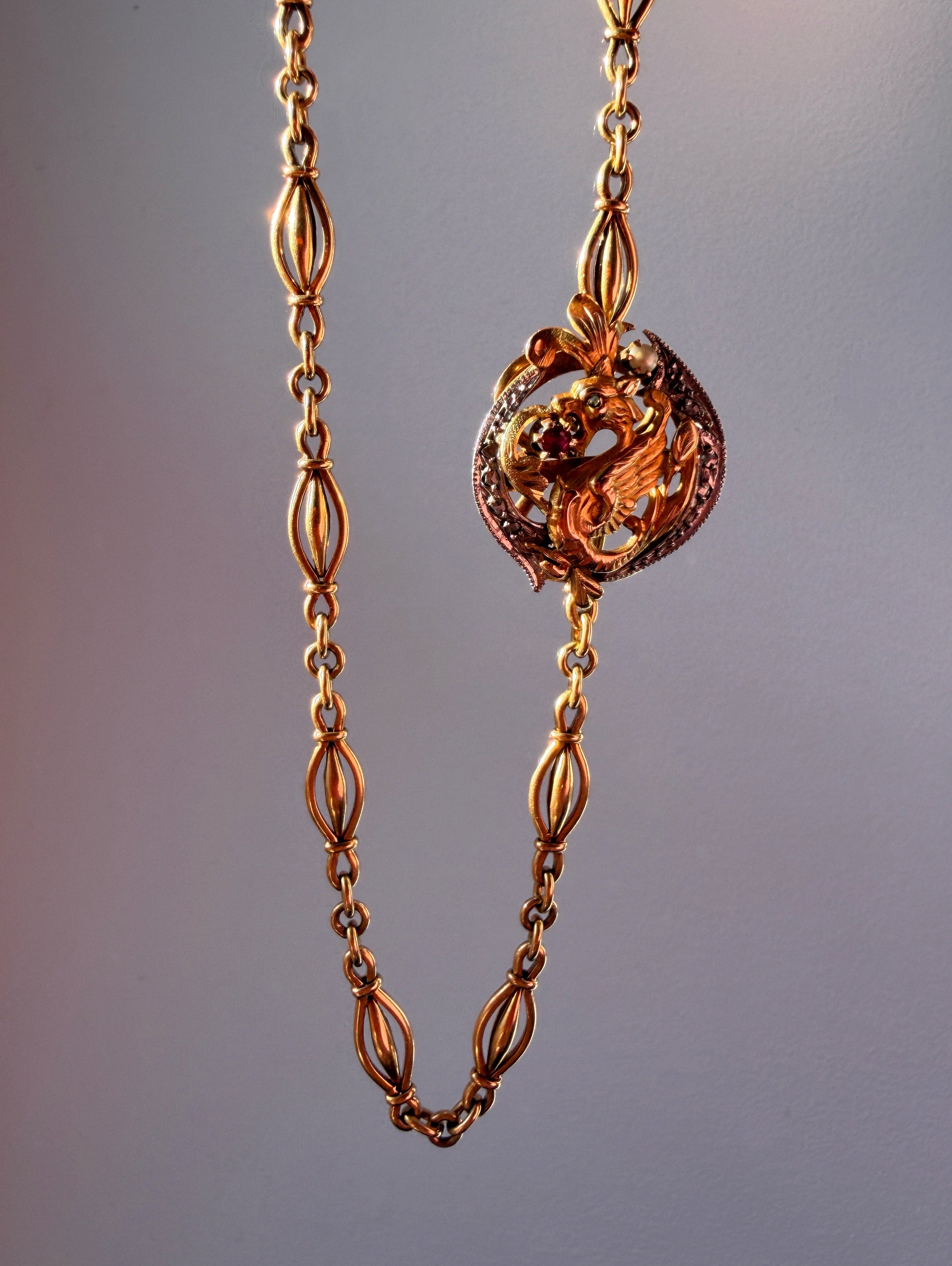 French Art Nouveau 18K gold chimera chain clip pendant