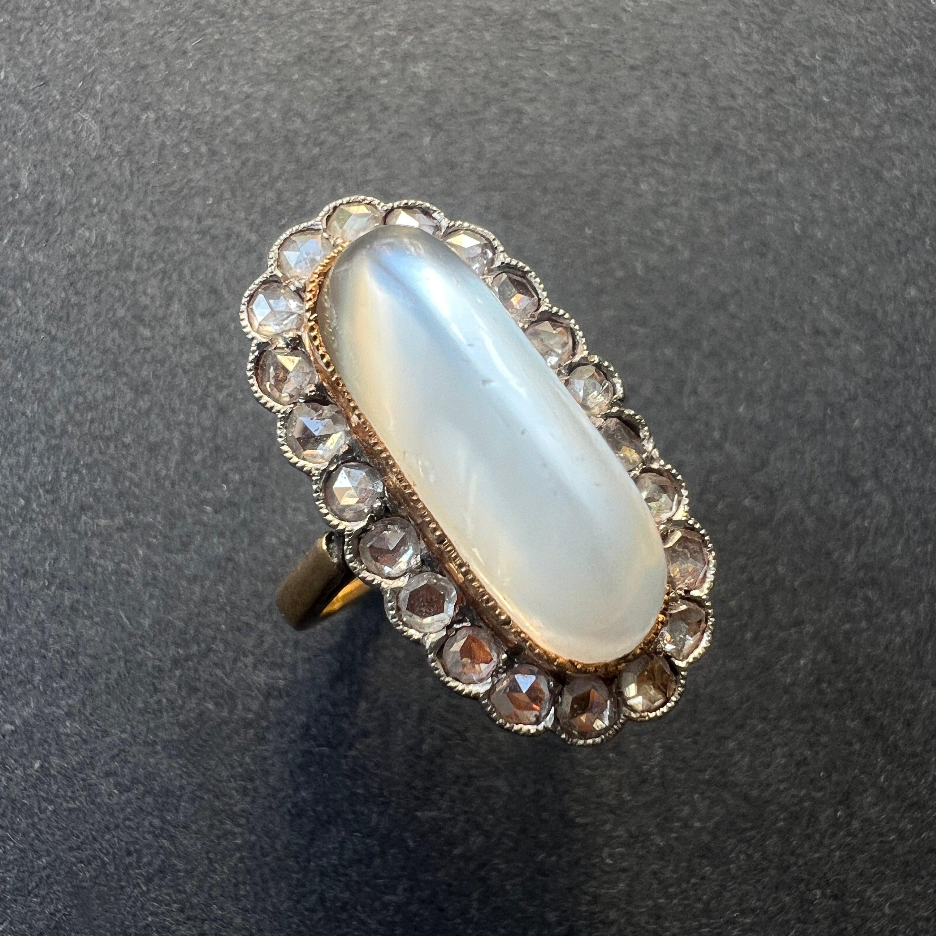 Antique Victorian era 18K gold moonstone diamond ring