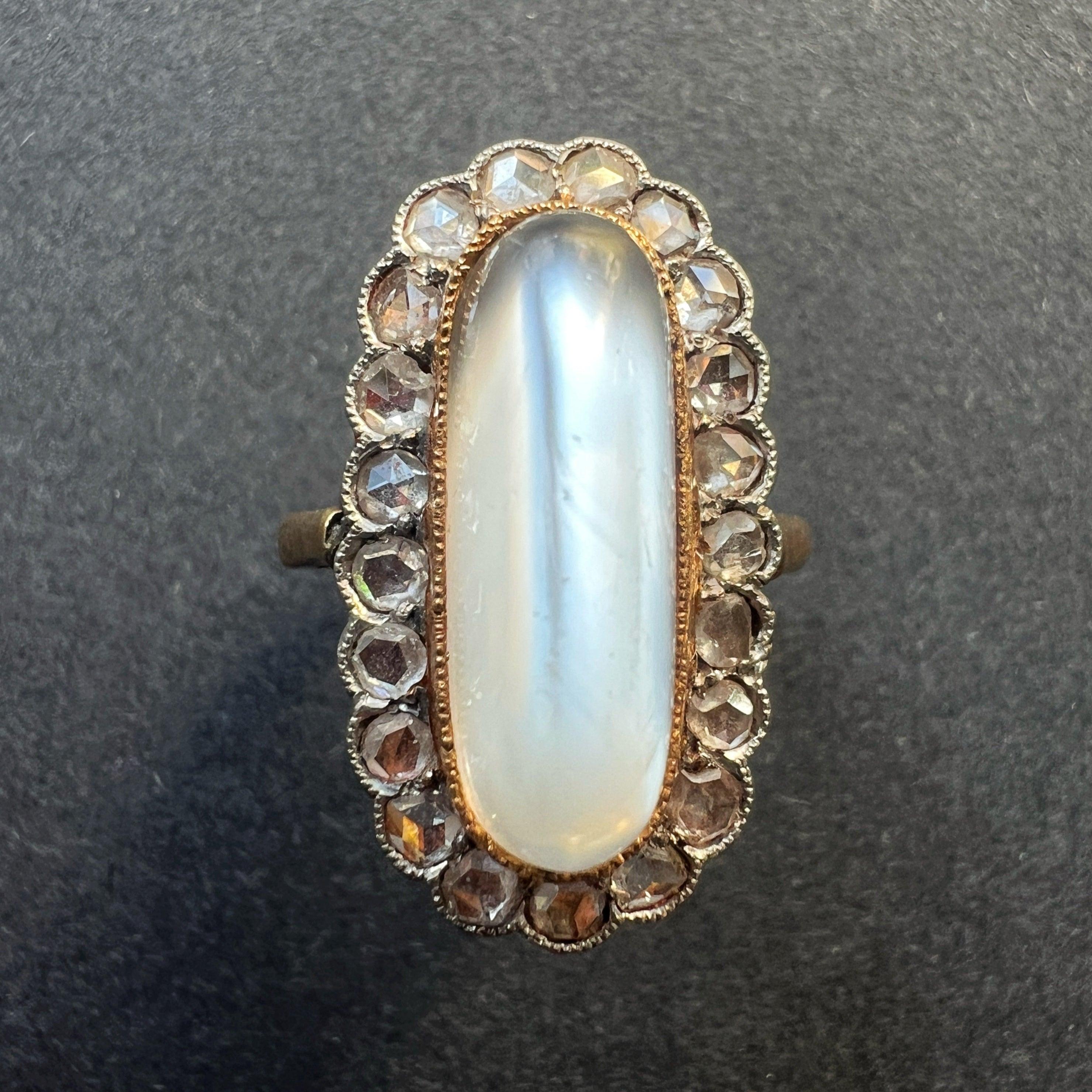 Antique Victorian era 18K gold moonstone diamond ring