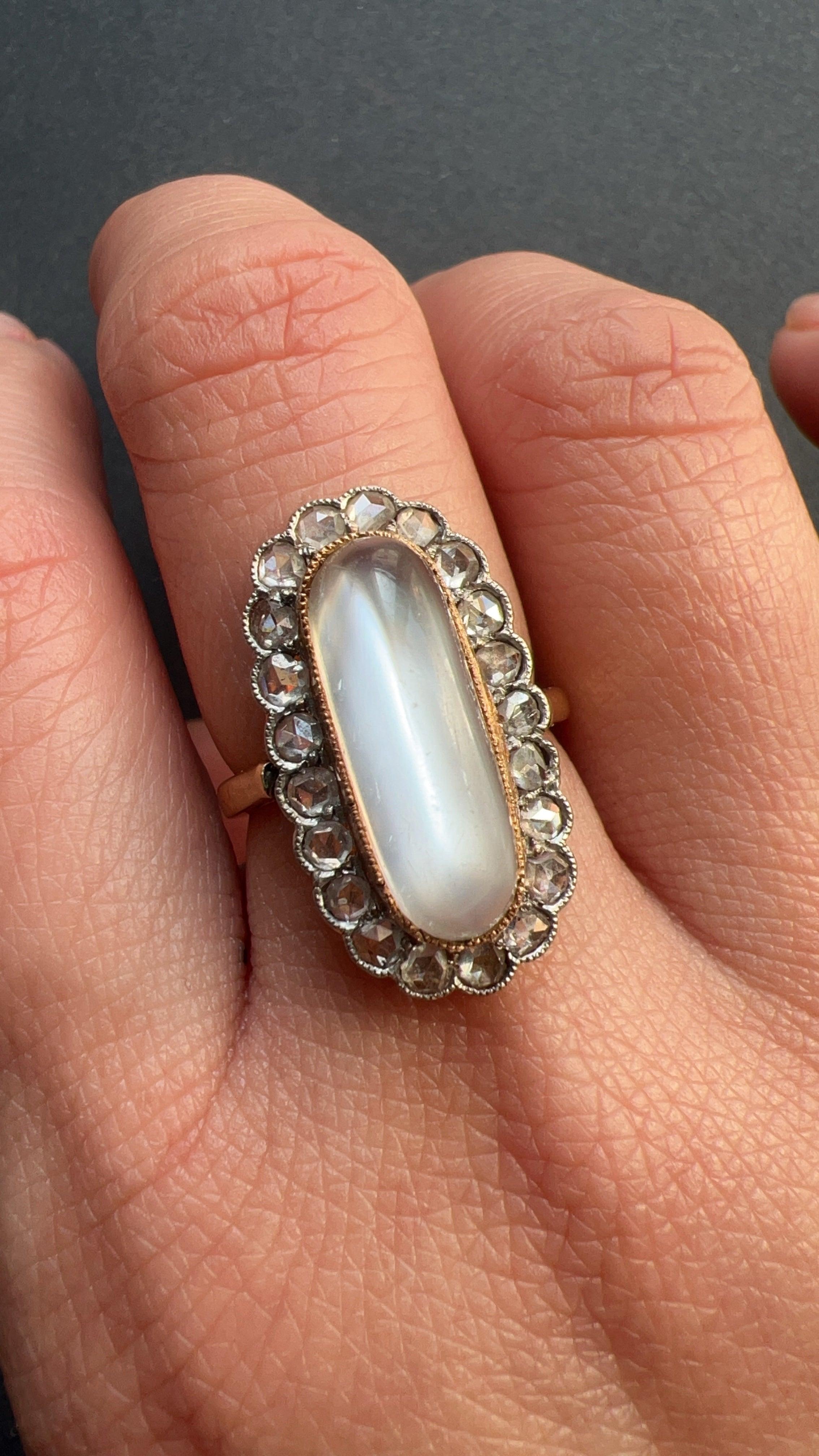 Antique Victorian era 18K gold moonstone diamond ring
