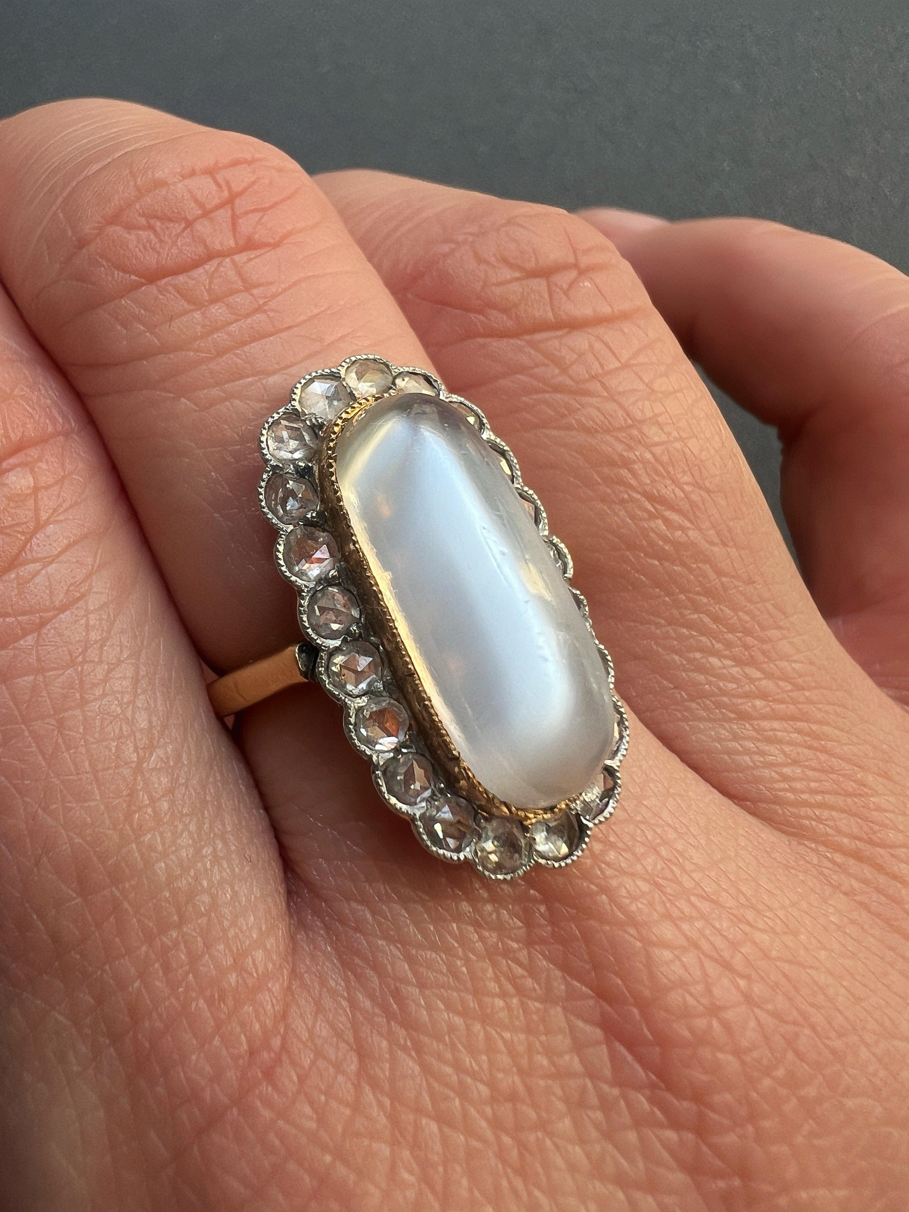 Antique Victorian era 18K gold moonstone diamond ring