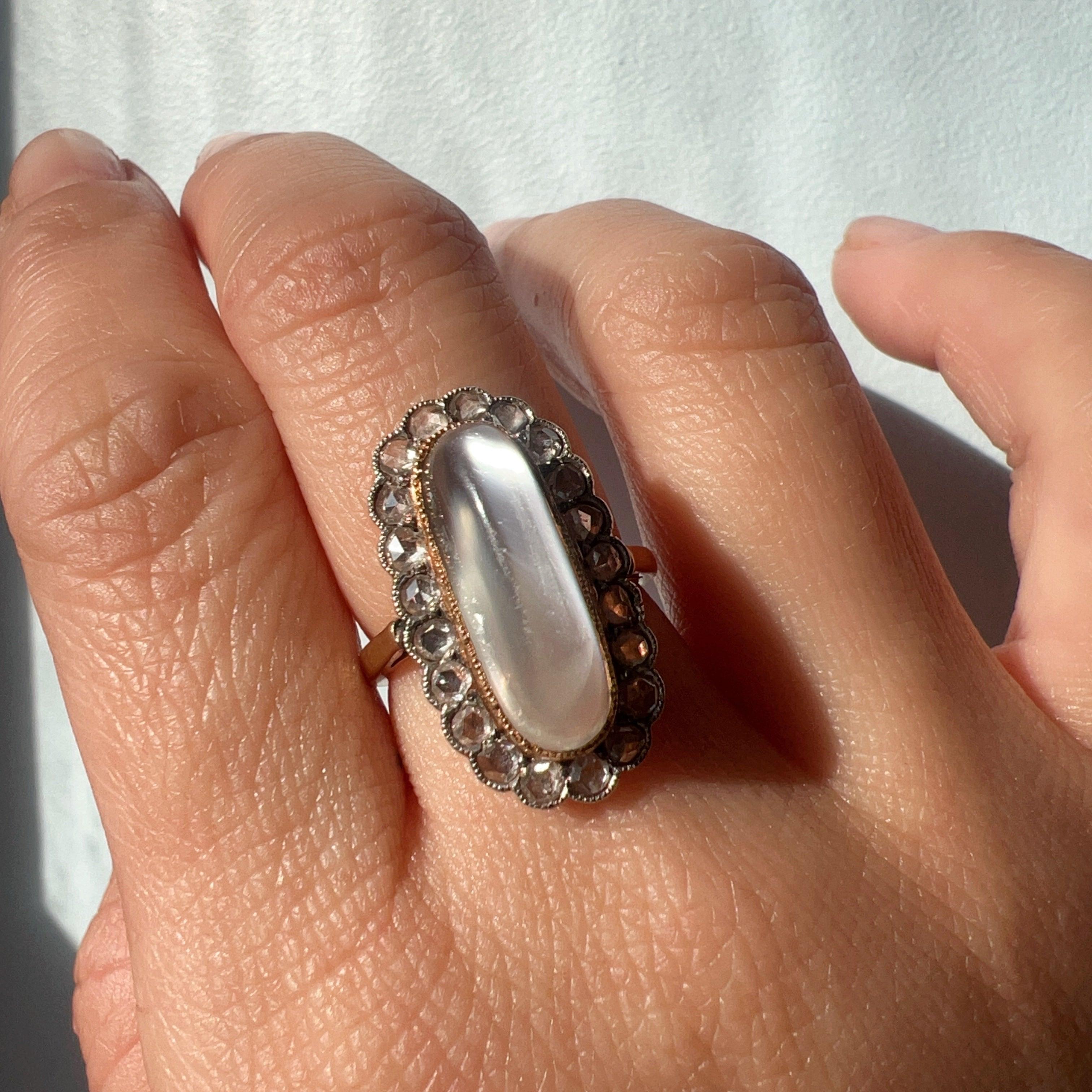 Antique Victorian era 18K gold moonstone diamond ring