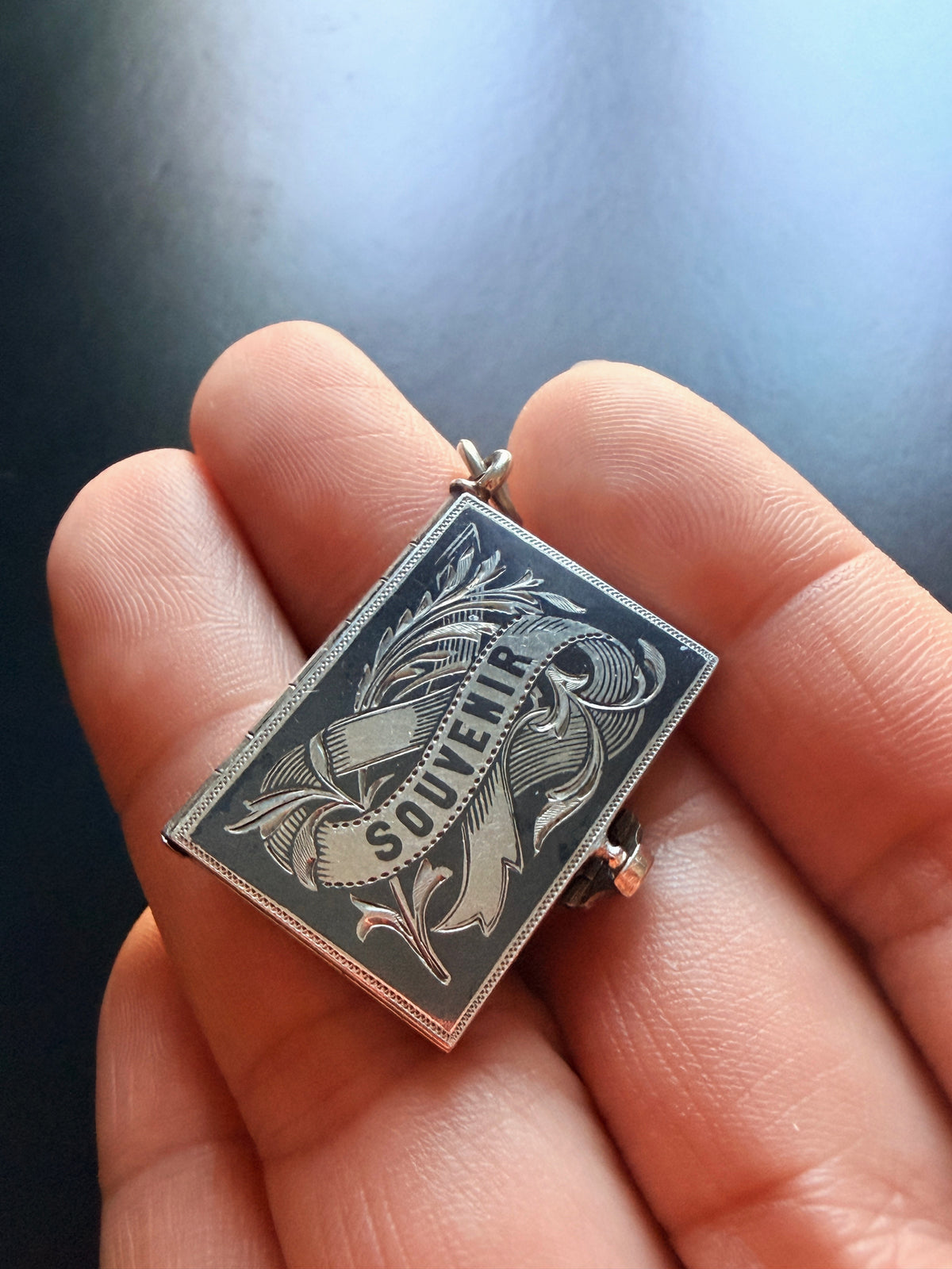Antique Niello Silver “Souvenir” memory book locket pendant