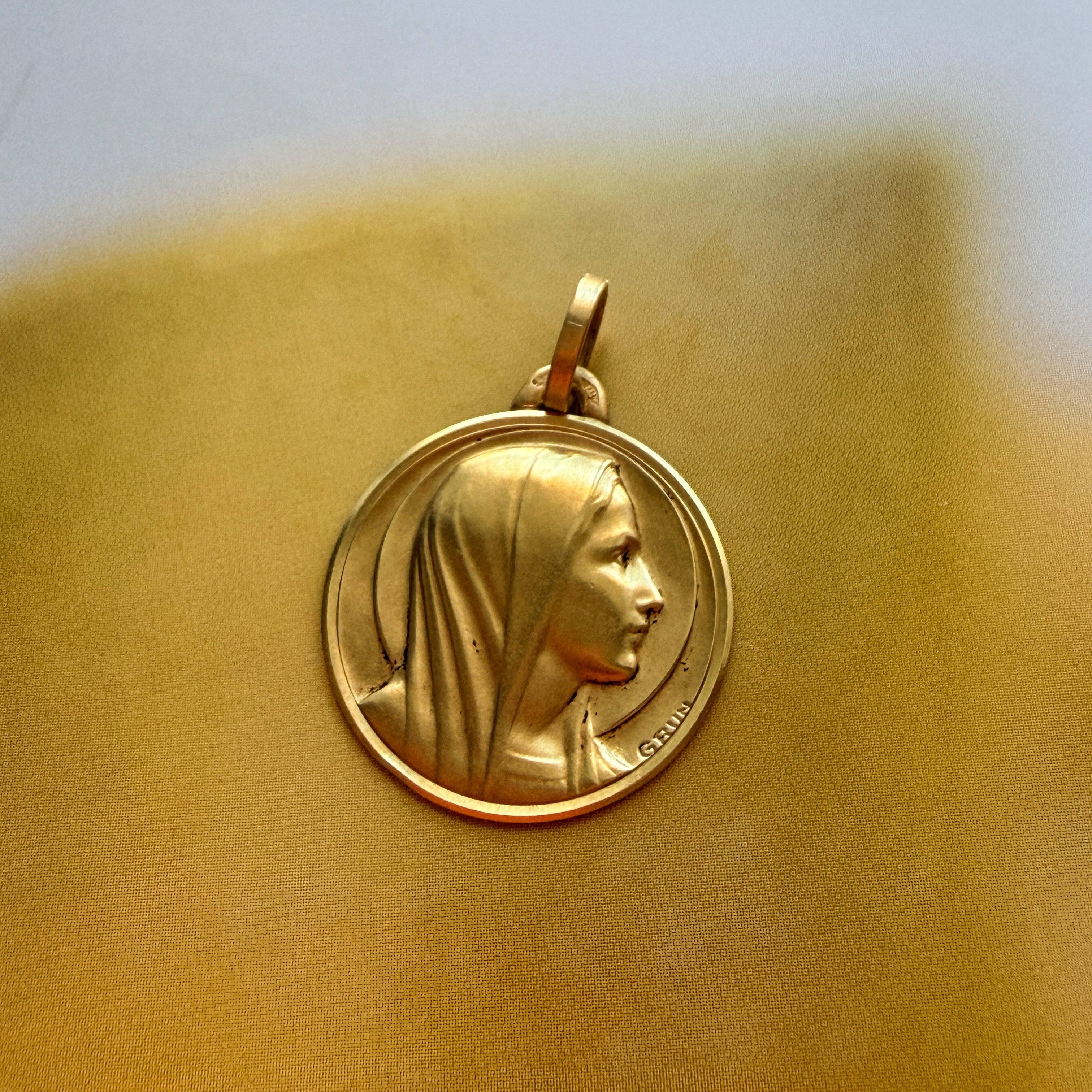 French antique 18K gold Virgin Mary medal pendant signed by GRUN